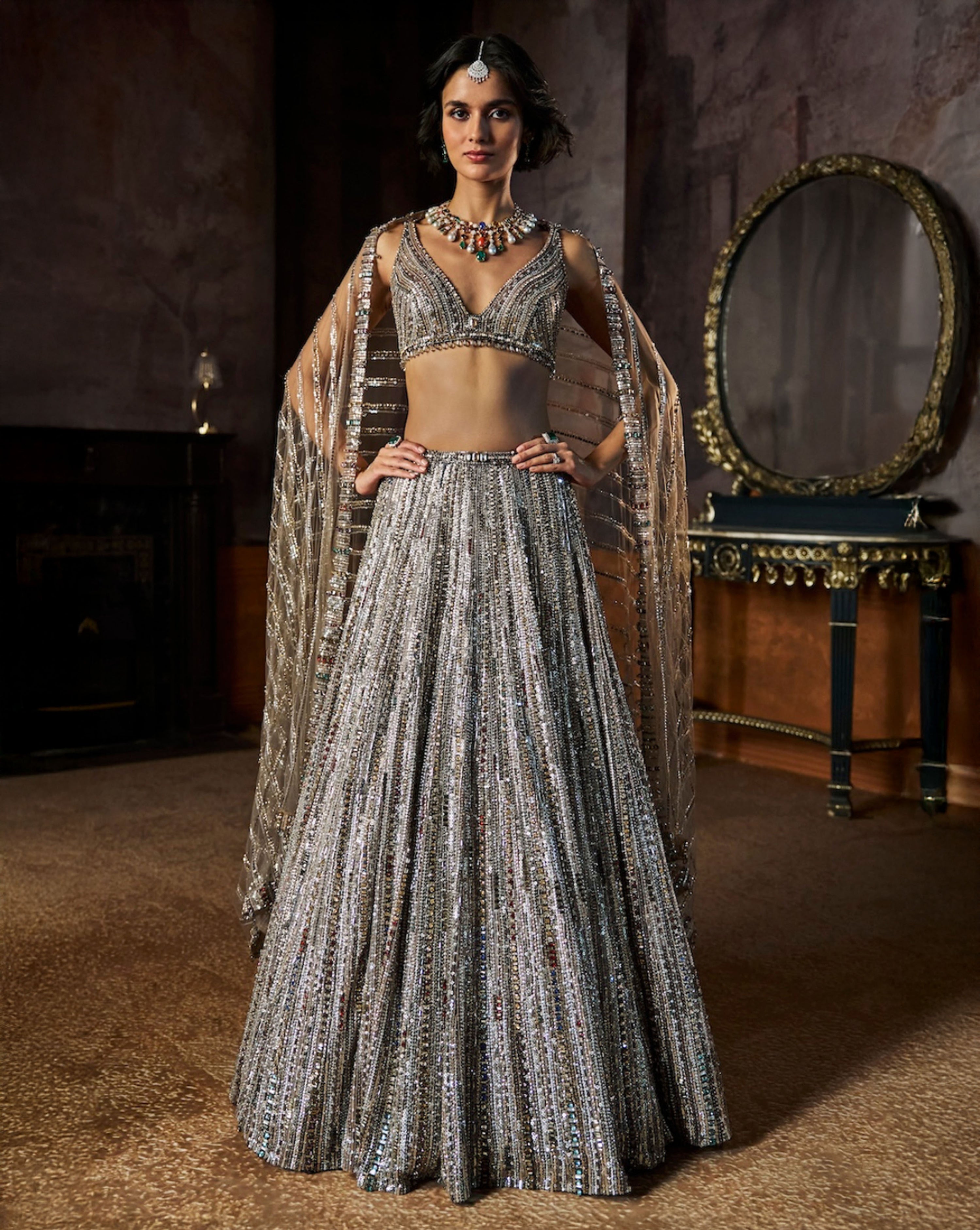 Charcoal Multi-Coloured Crystal Lehenga Set