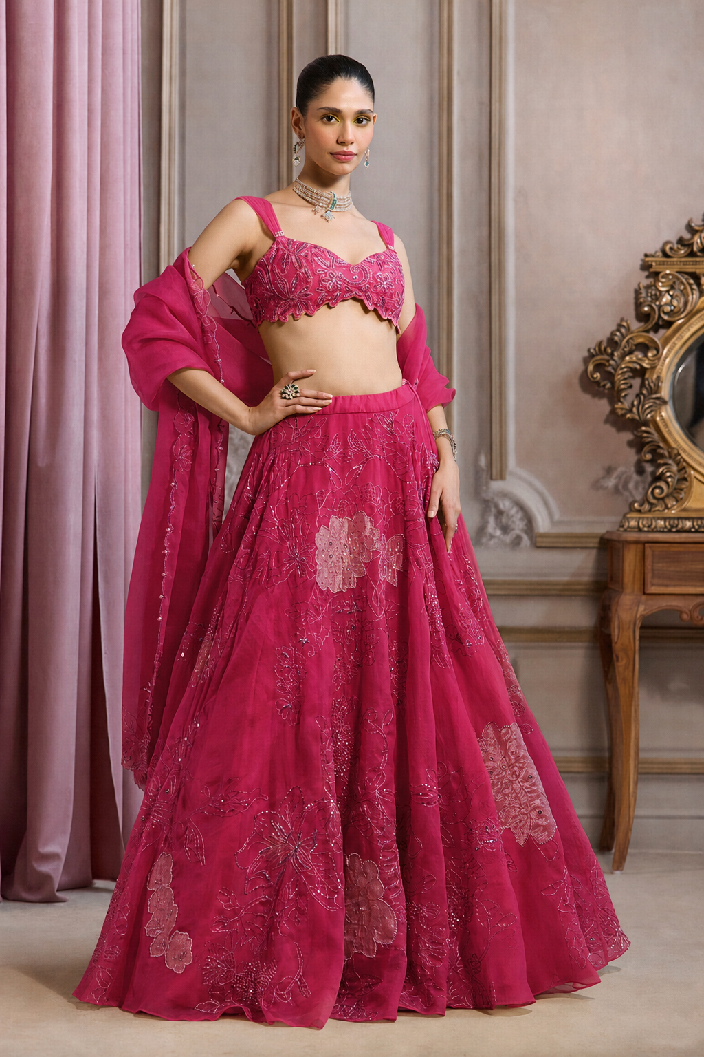 Fuchsia Pink Organza Lehenga Set