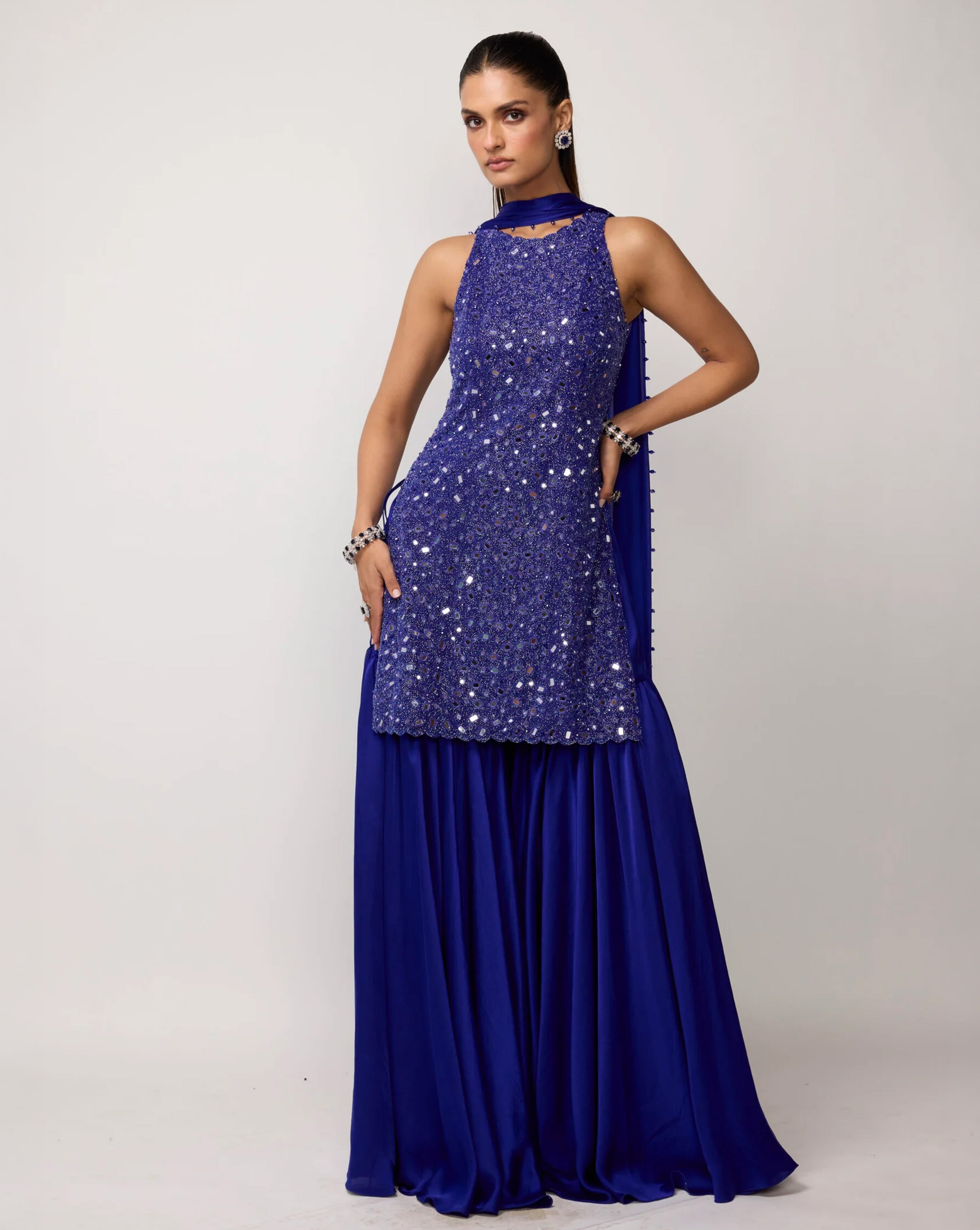 Cocktail Blue Satin Sharara Set