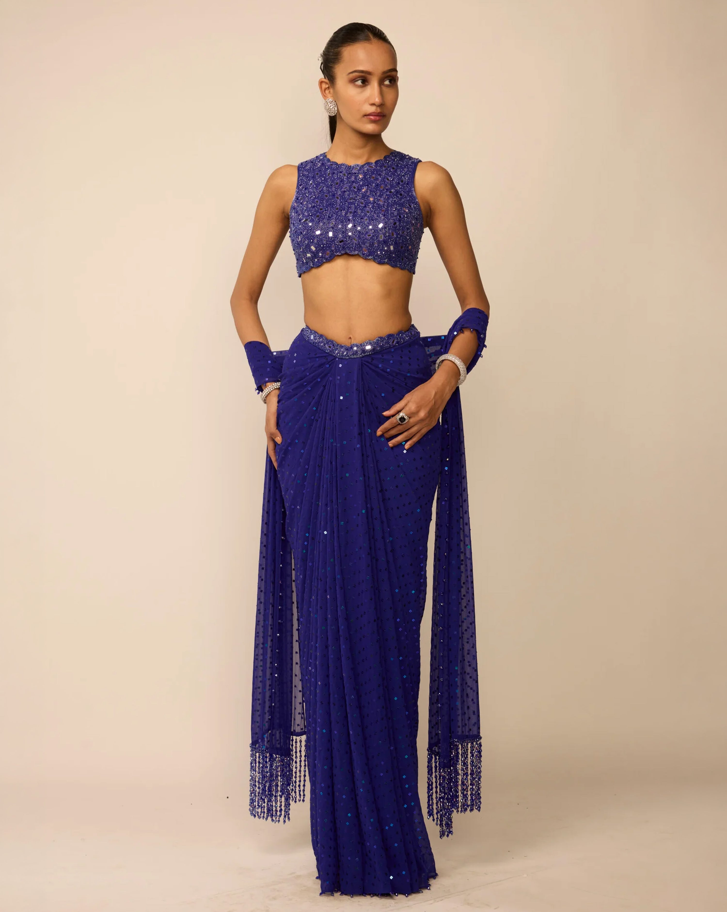 Cocktail Blue Sequins Embroidered Draped Skirt Set