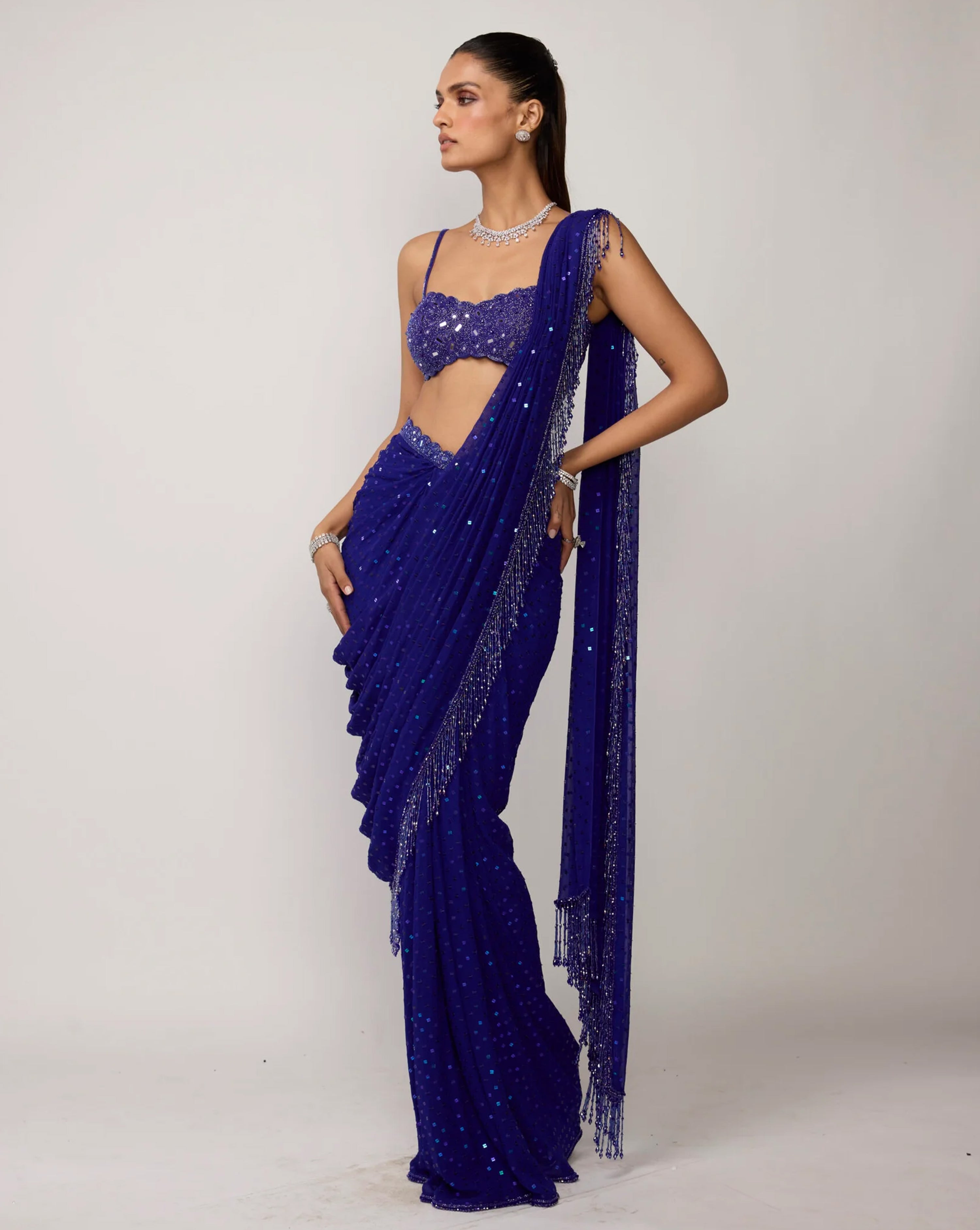 Cocktail Blue Sequins Embroidered Saree Set