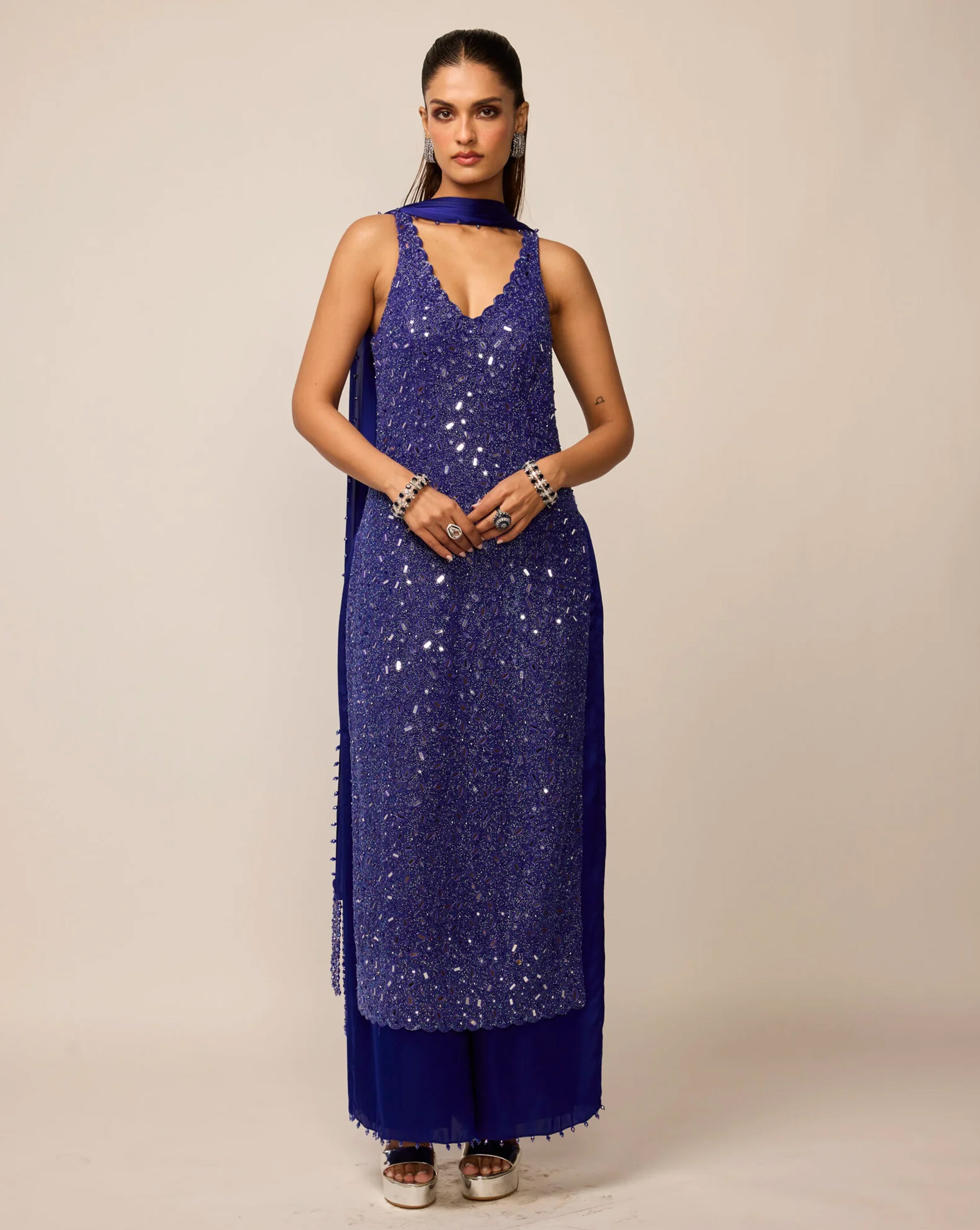 Cocktail Blue V Neck Kurta Set