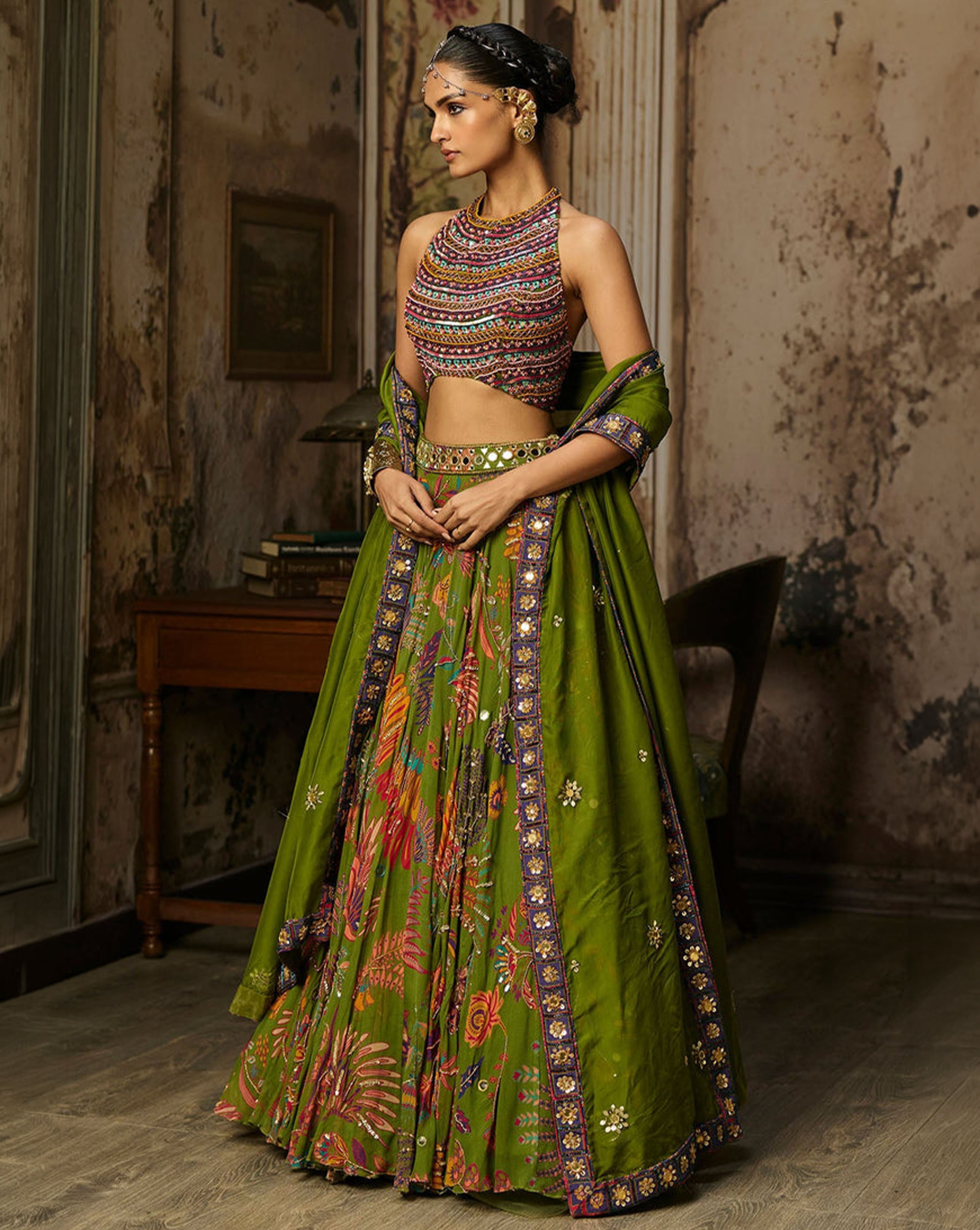 Colorful Embroidered Blouse With Pear Green Lehenga Set - Ready to Ship