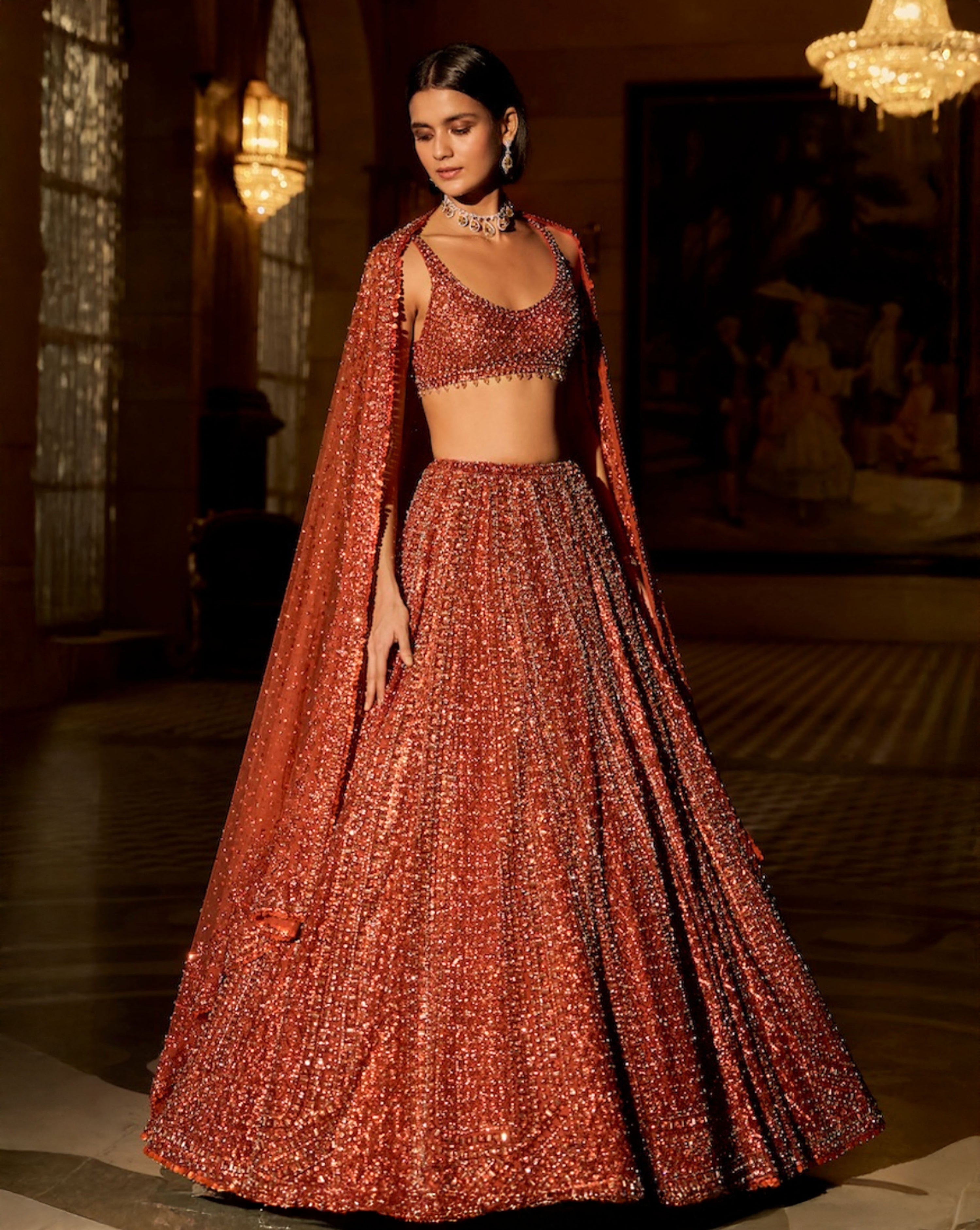 Copper Crystal Lehenga Set