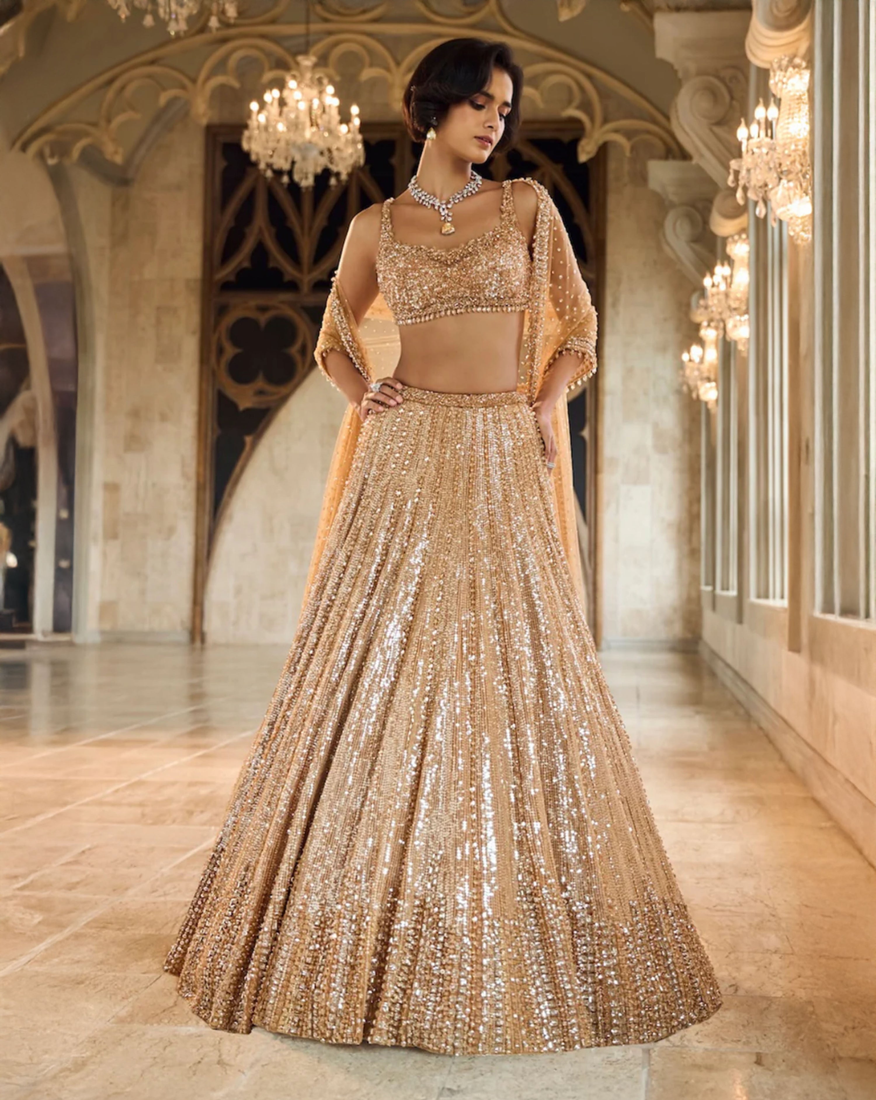 Copper Gold Crystal Lehenga Set
