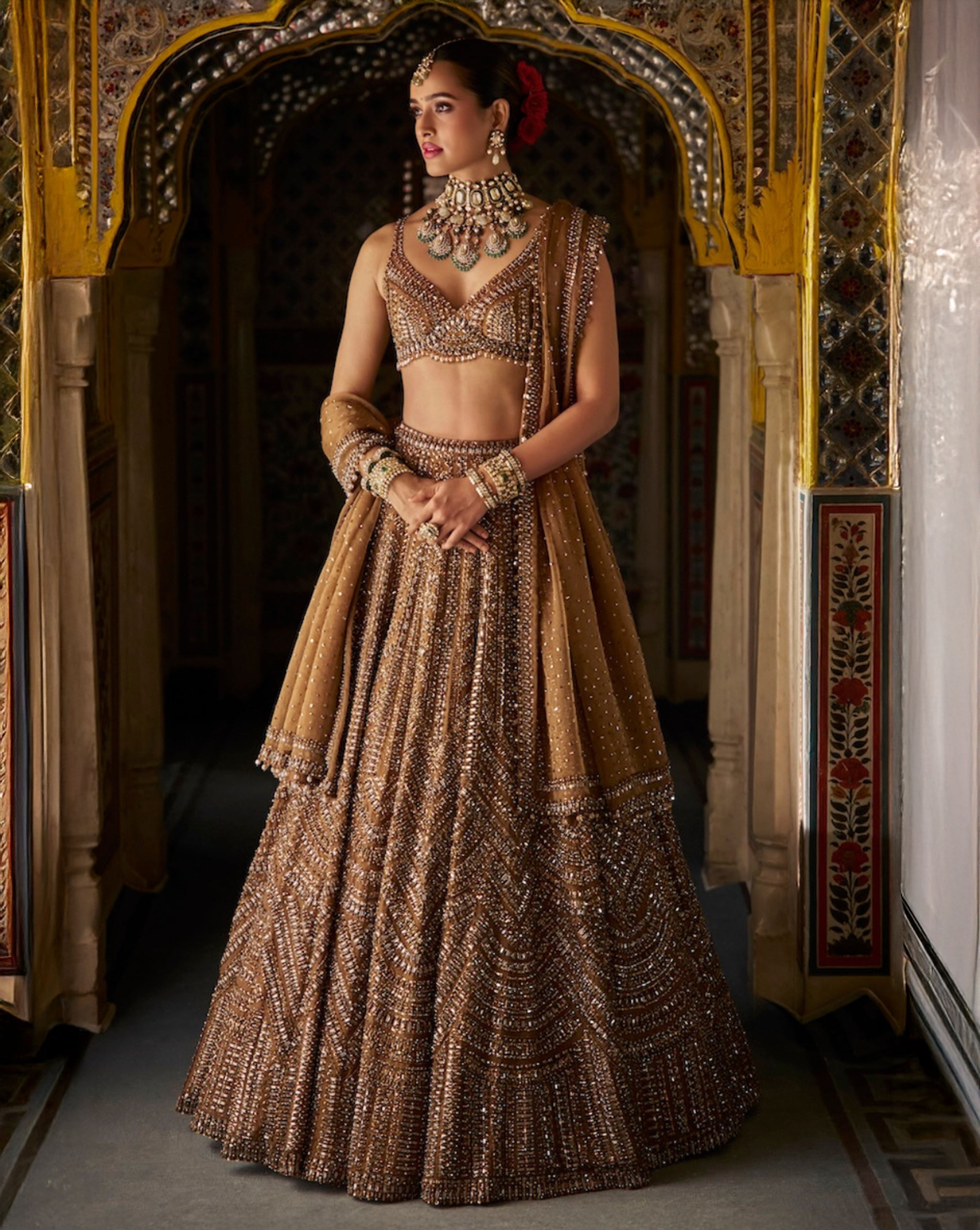 Copper Gold Crystal Lehenga Set