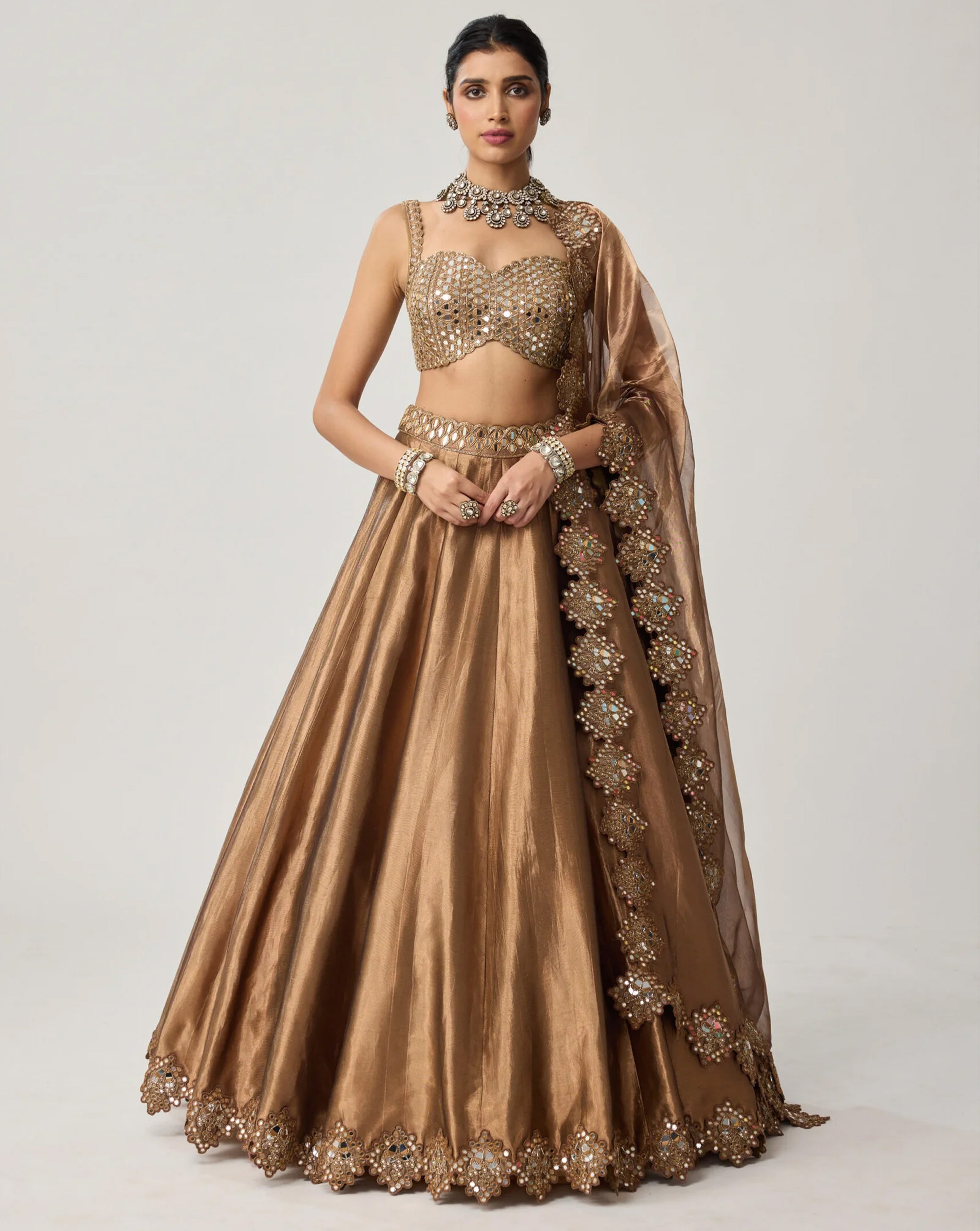 Copper Tissue Mirror Geometry Lehenga Set