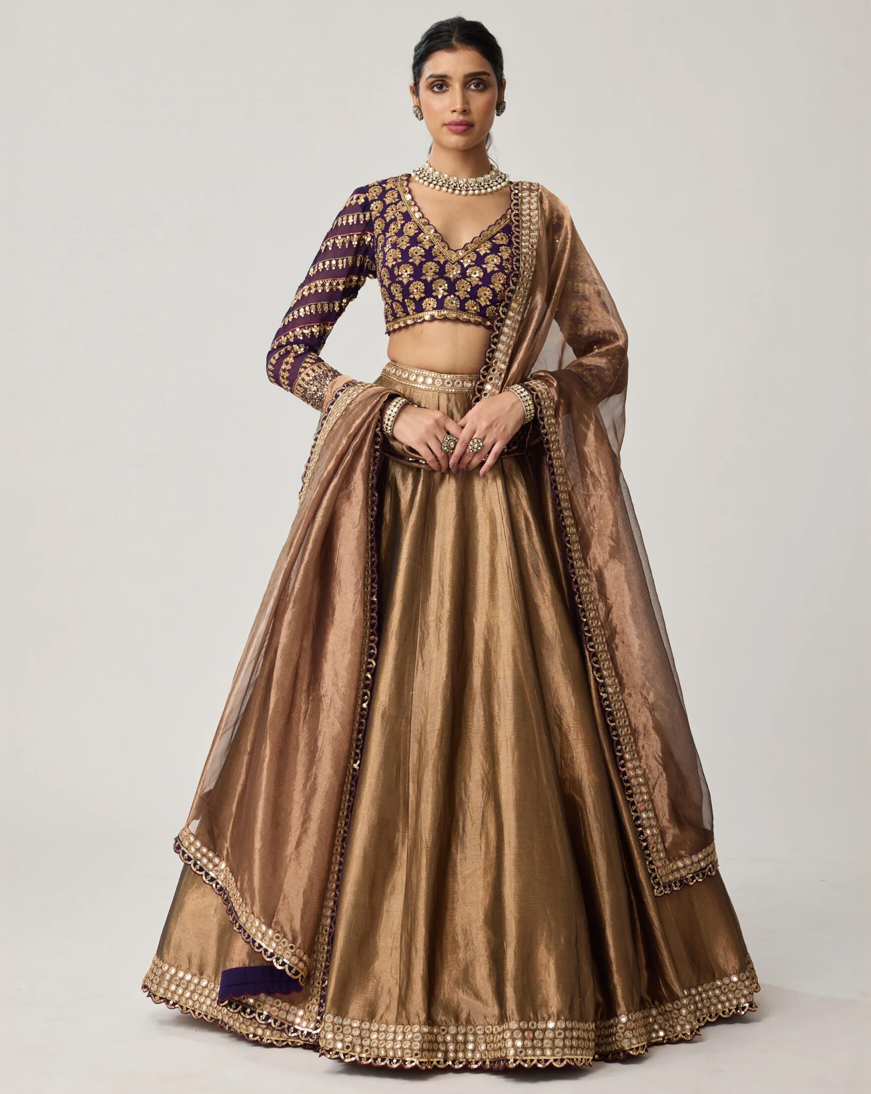 Copper Tissue Mughal Motif Lehenga Set