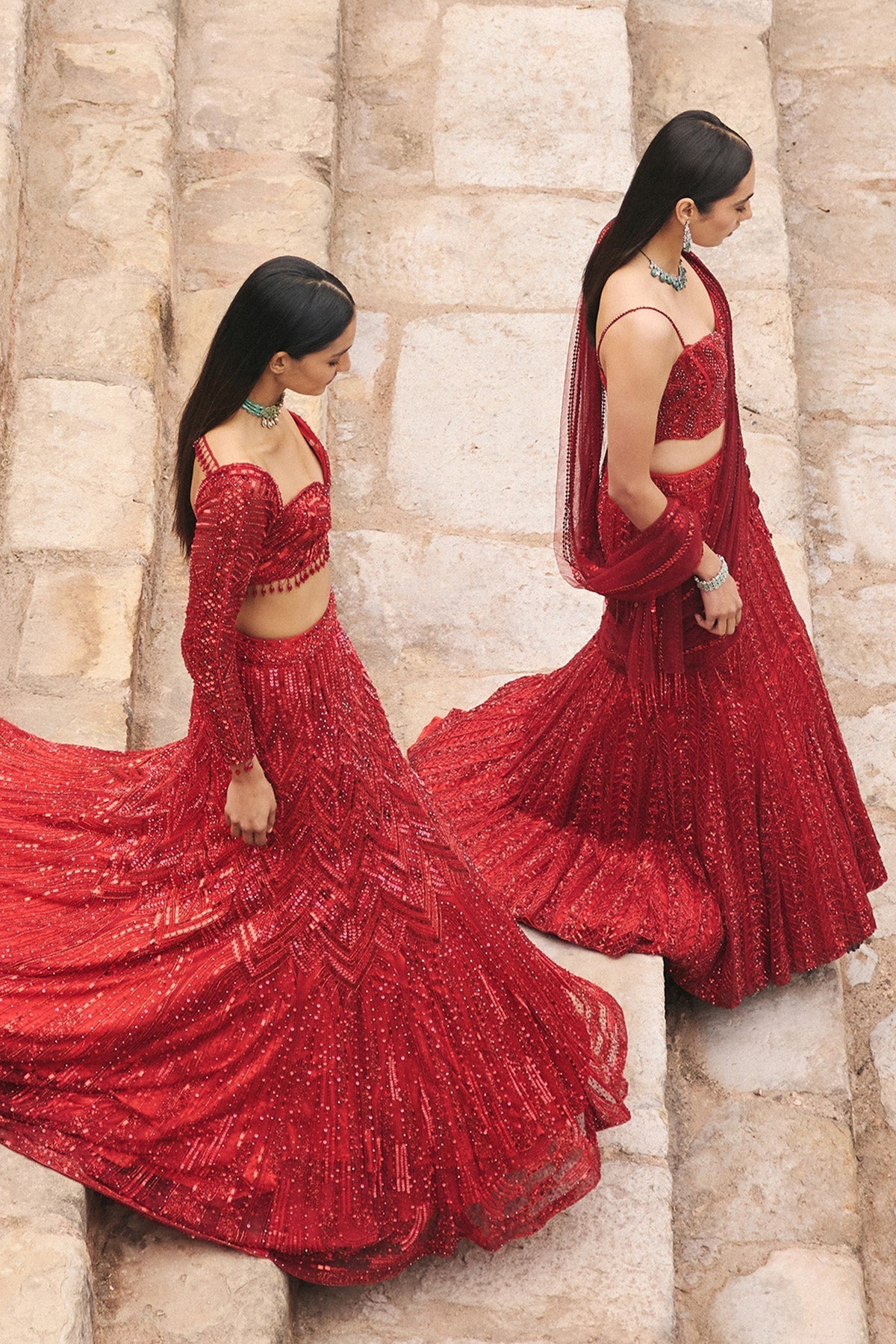 Vermillion Red Embroidered Mermaid Skirt Set