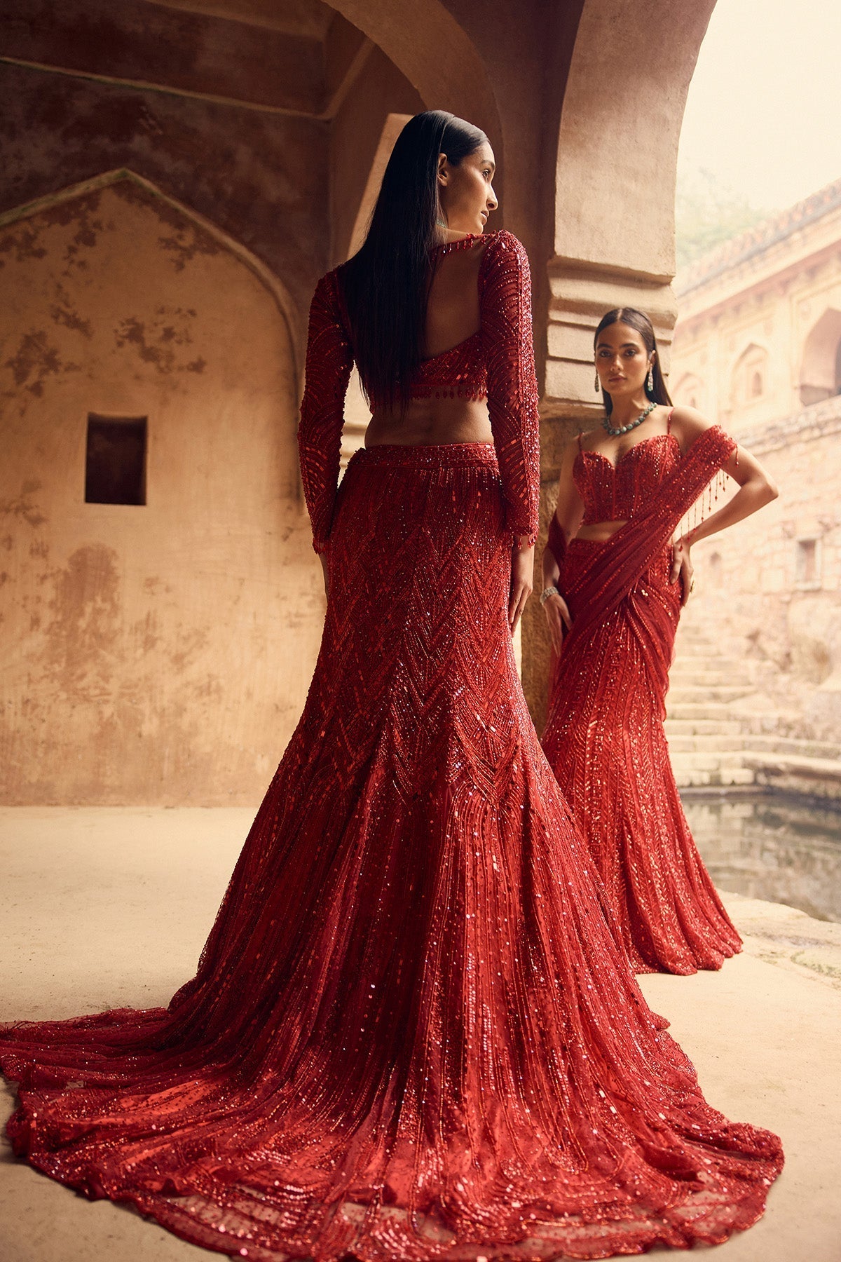 Vermillion Red Embroidered Mermaid Skirt Set