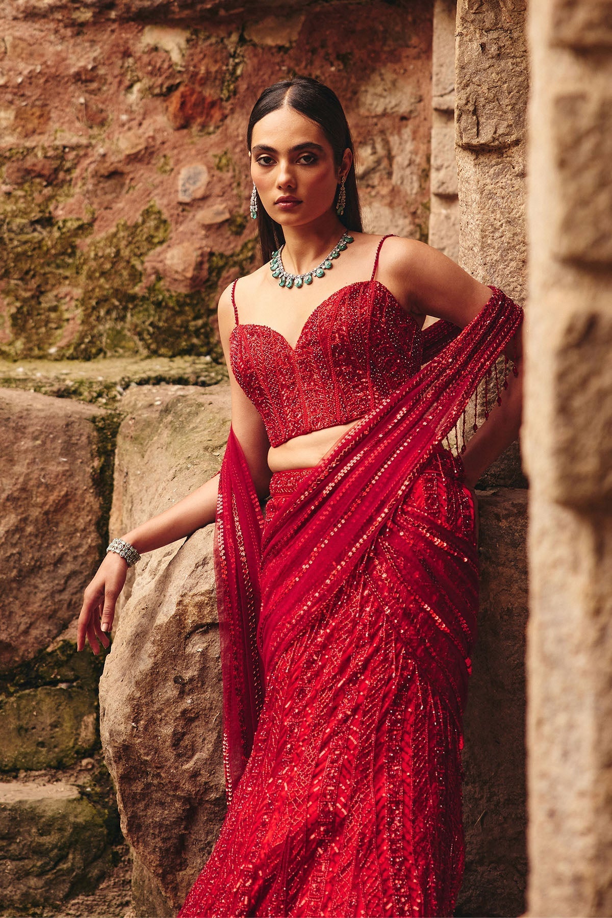 Vermillion Red Embellished Pre-Draped Skirt Saree Set