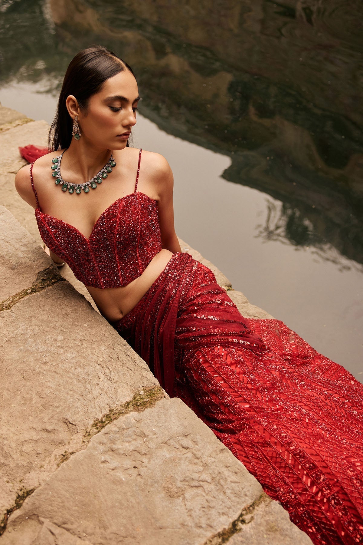 Vermillion Red Embellished Pre-Draped Skirt Saree Set