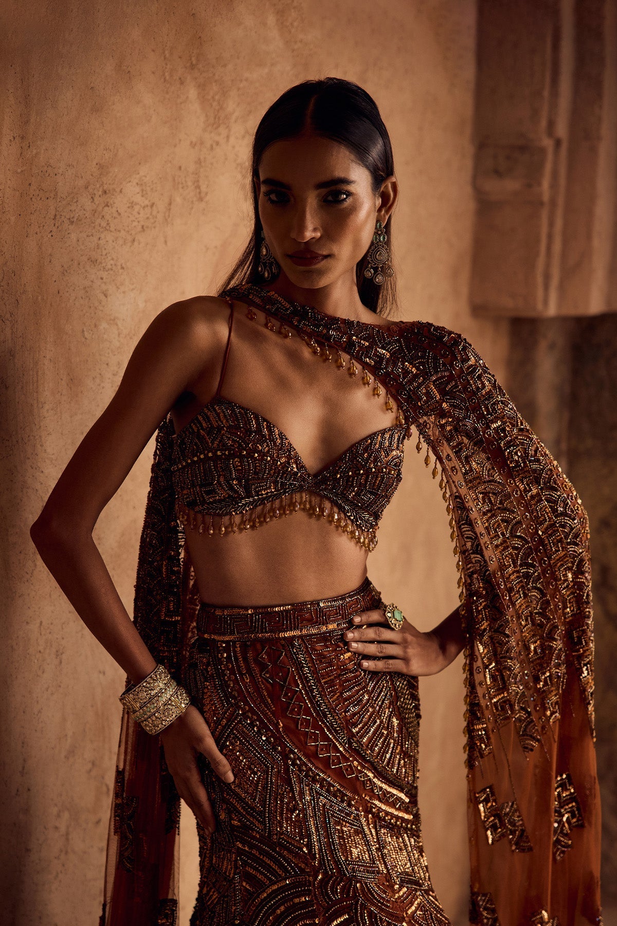 Caramel Brown Fully Embroidered Mermaid Trailskirt Set