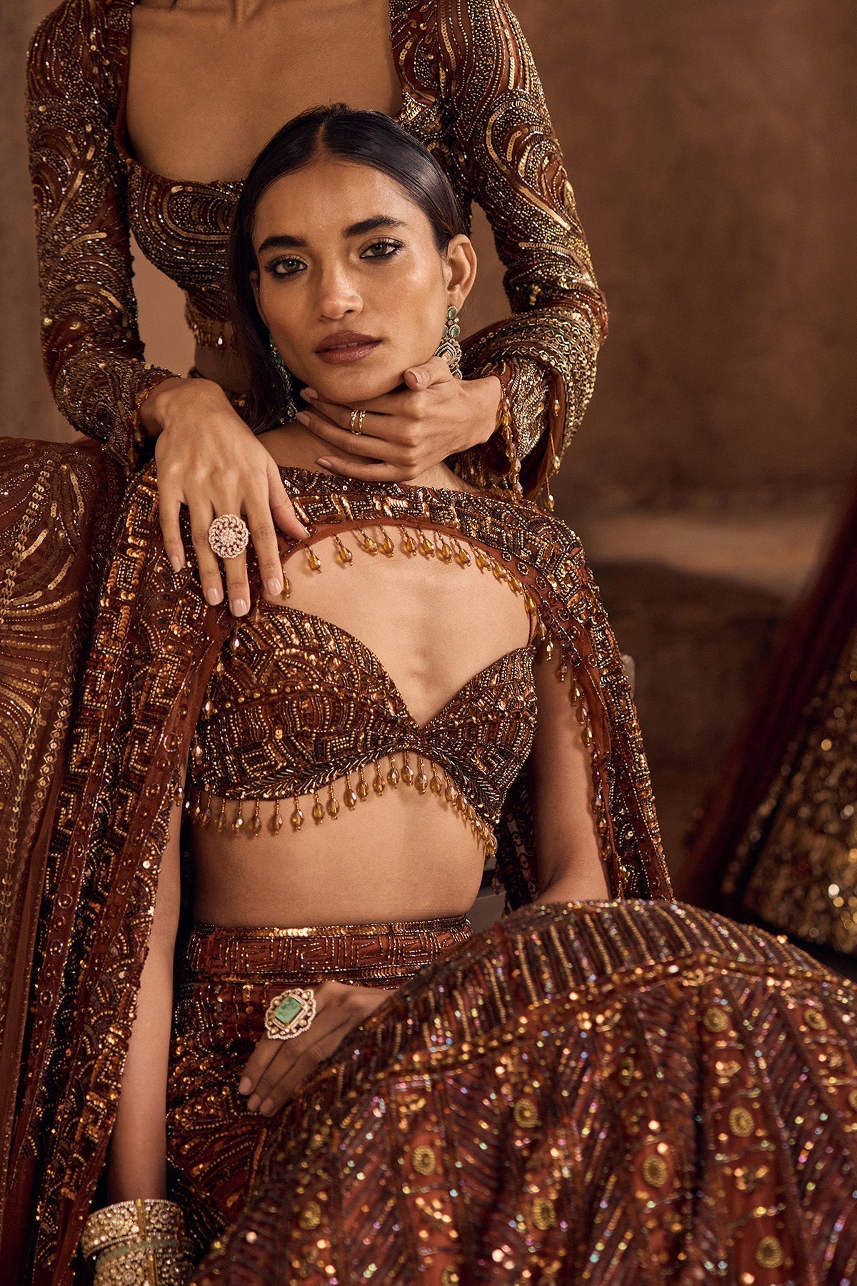 Caramel Brown Fully Embroidered Mermaid Trailskirt Set