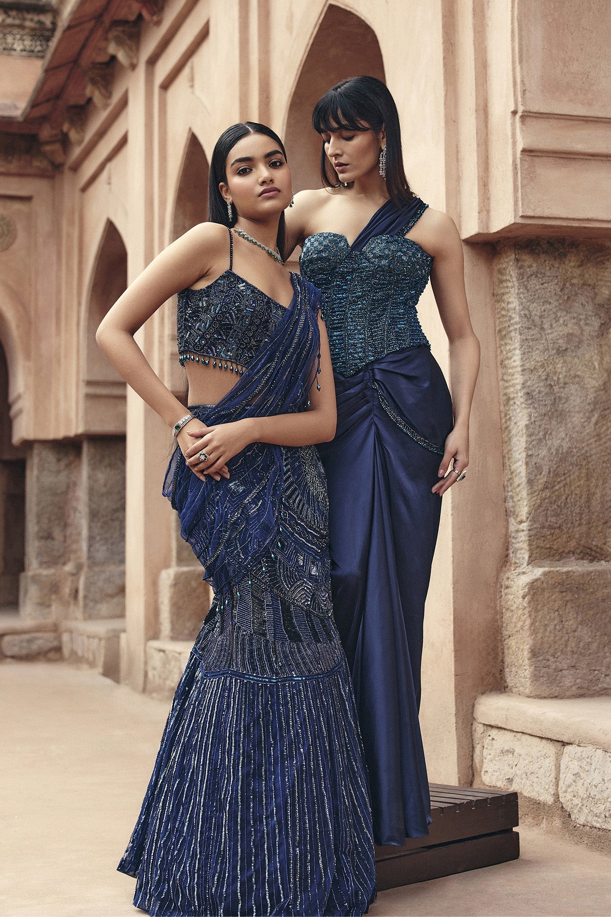 Midnight Blue Embellished Pre-Drapedskirt Saree Set