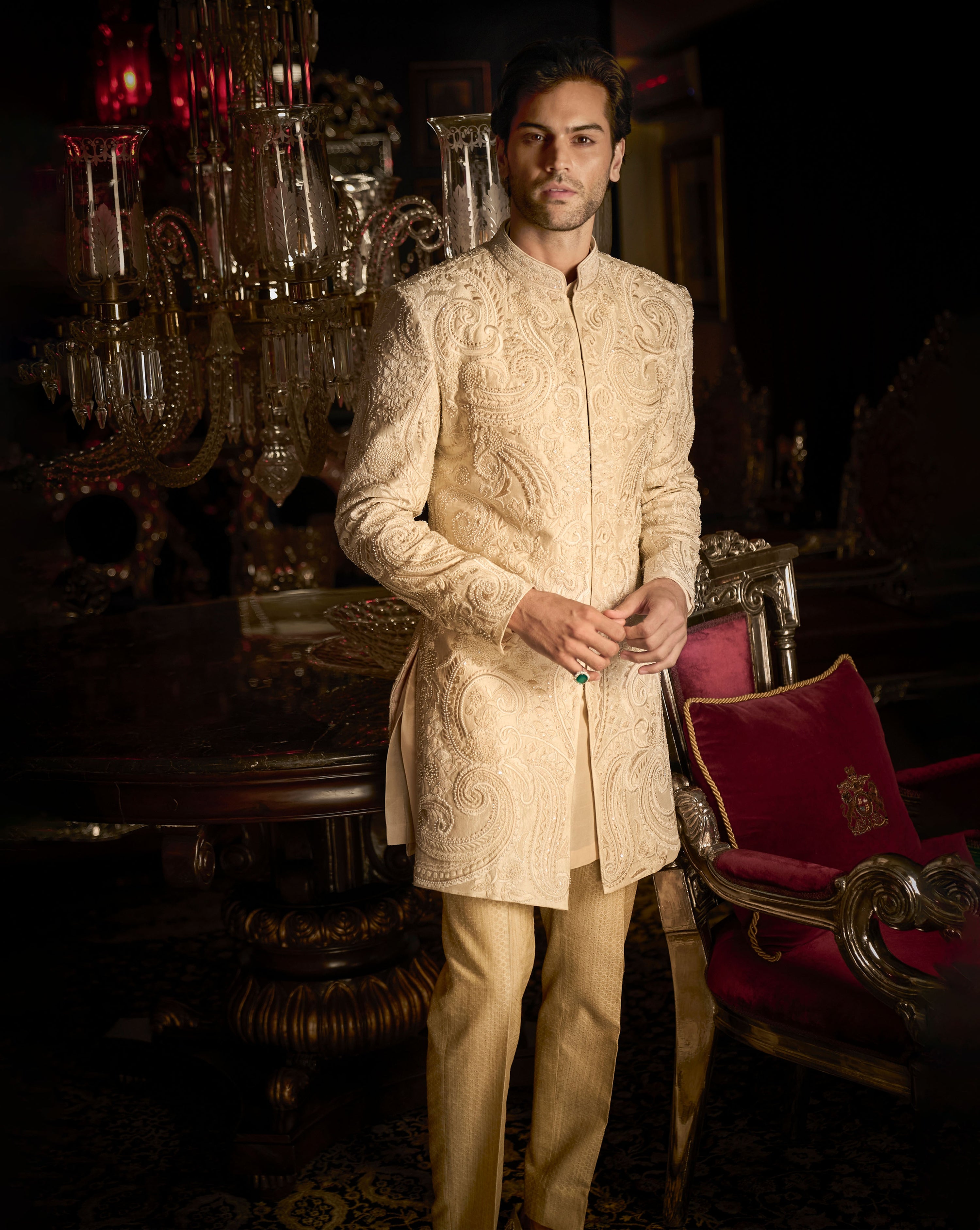 Cream Abstract Sherwani Set