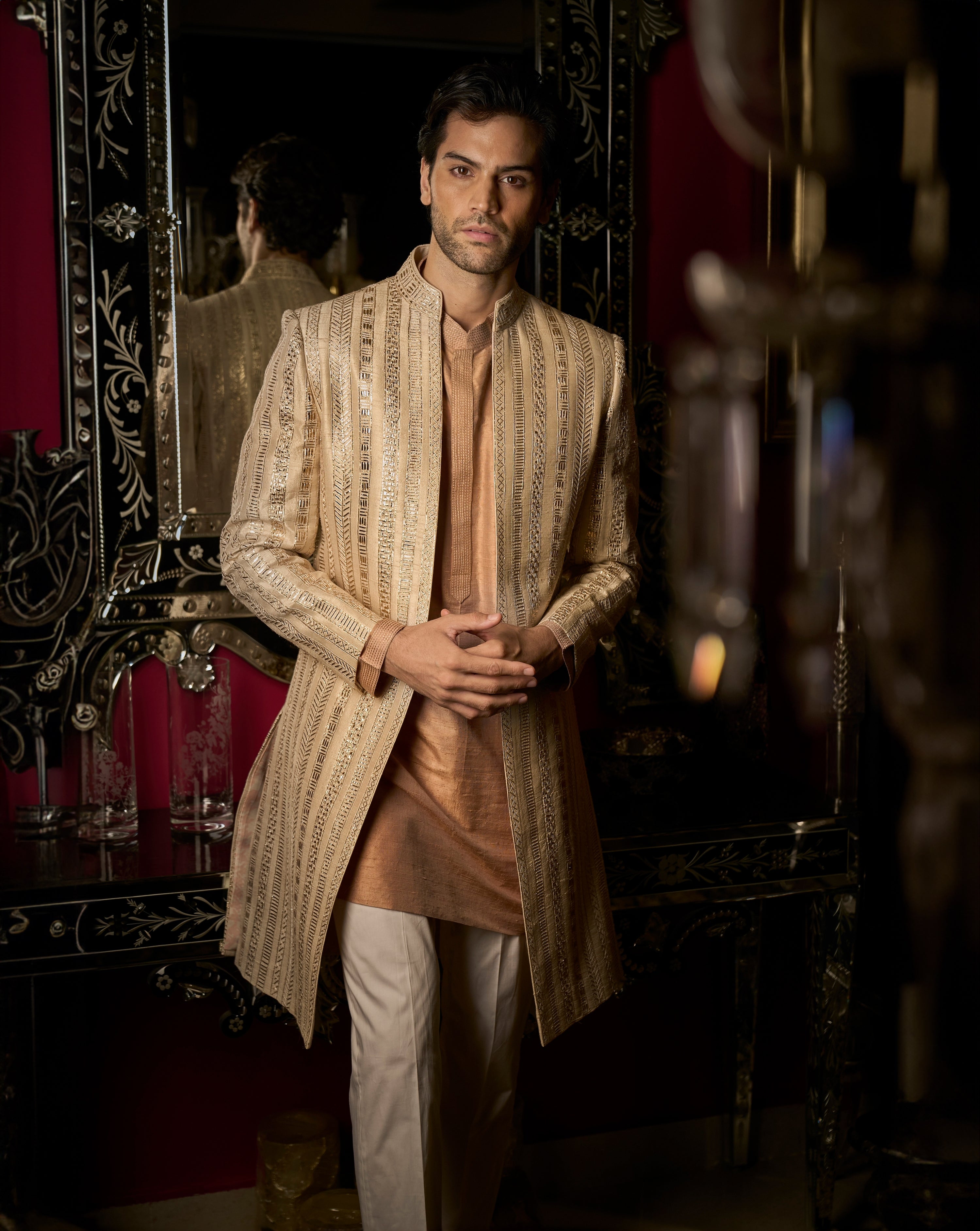 Rose Gold Open Sherwani Set