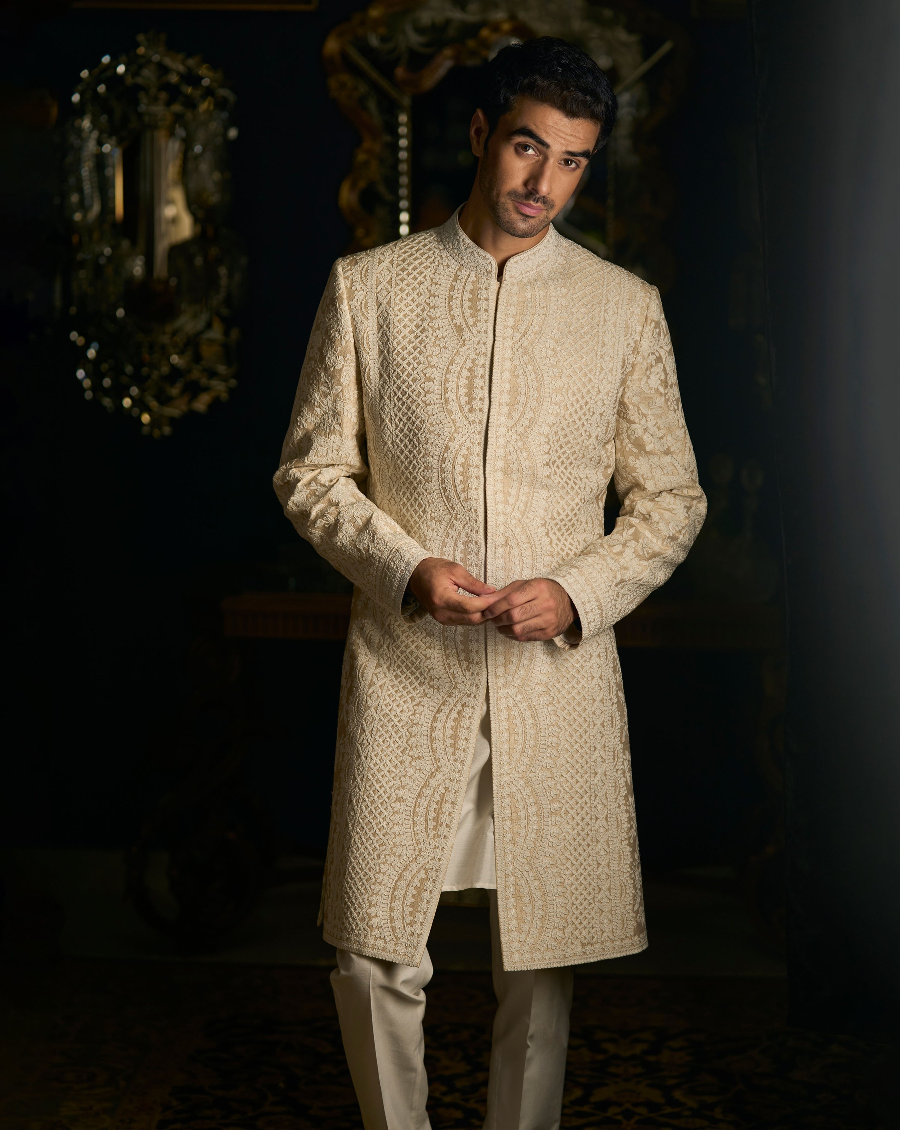 Nude Cream Sherwani Set