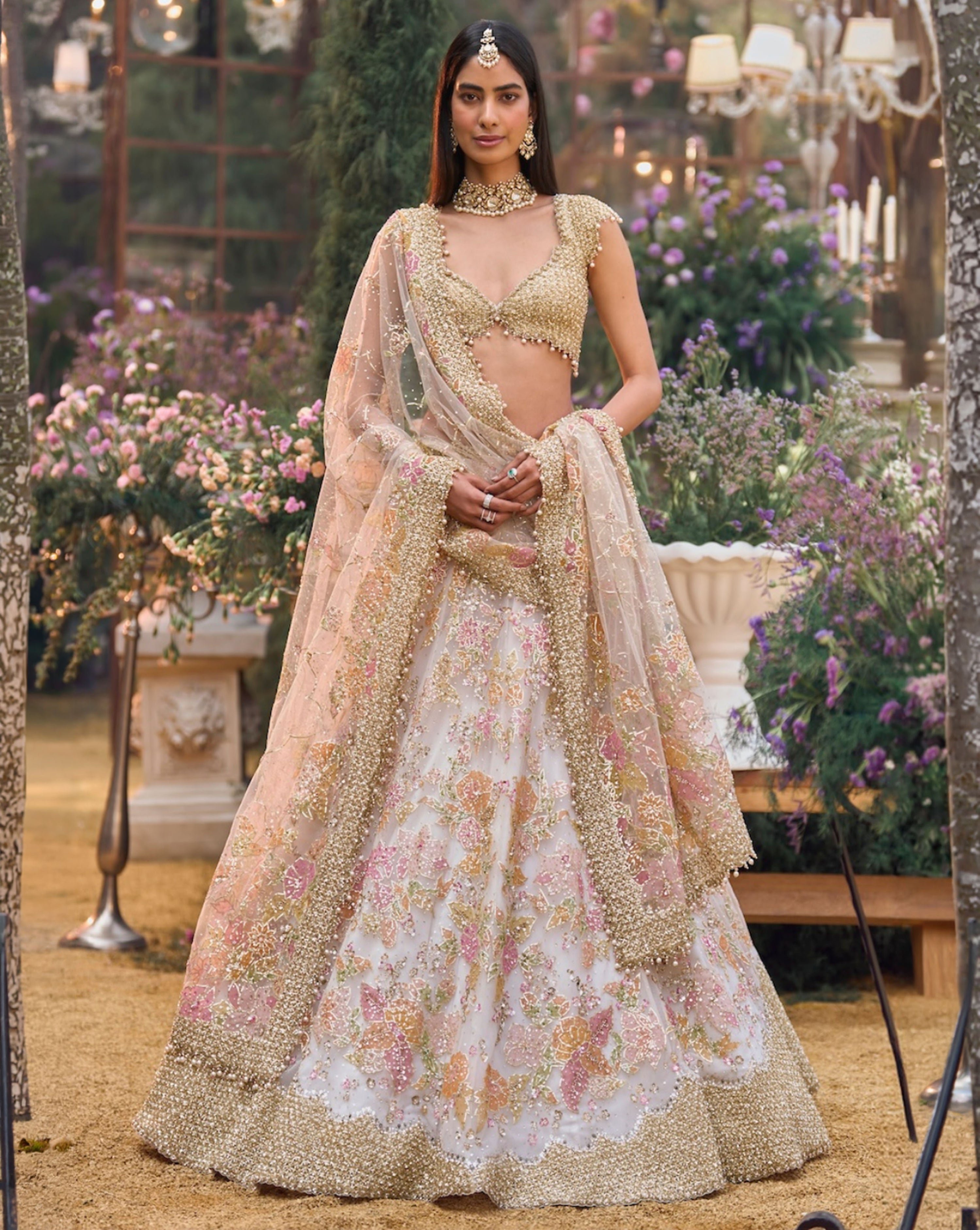 Cream Gold Floral Lehenga Set