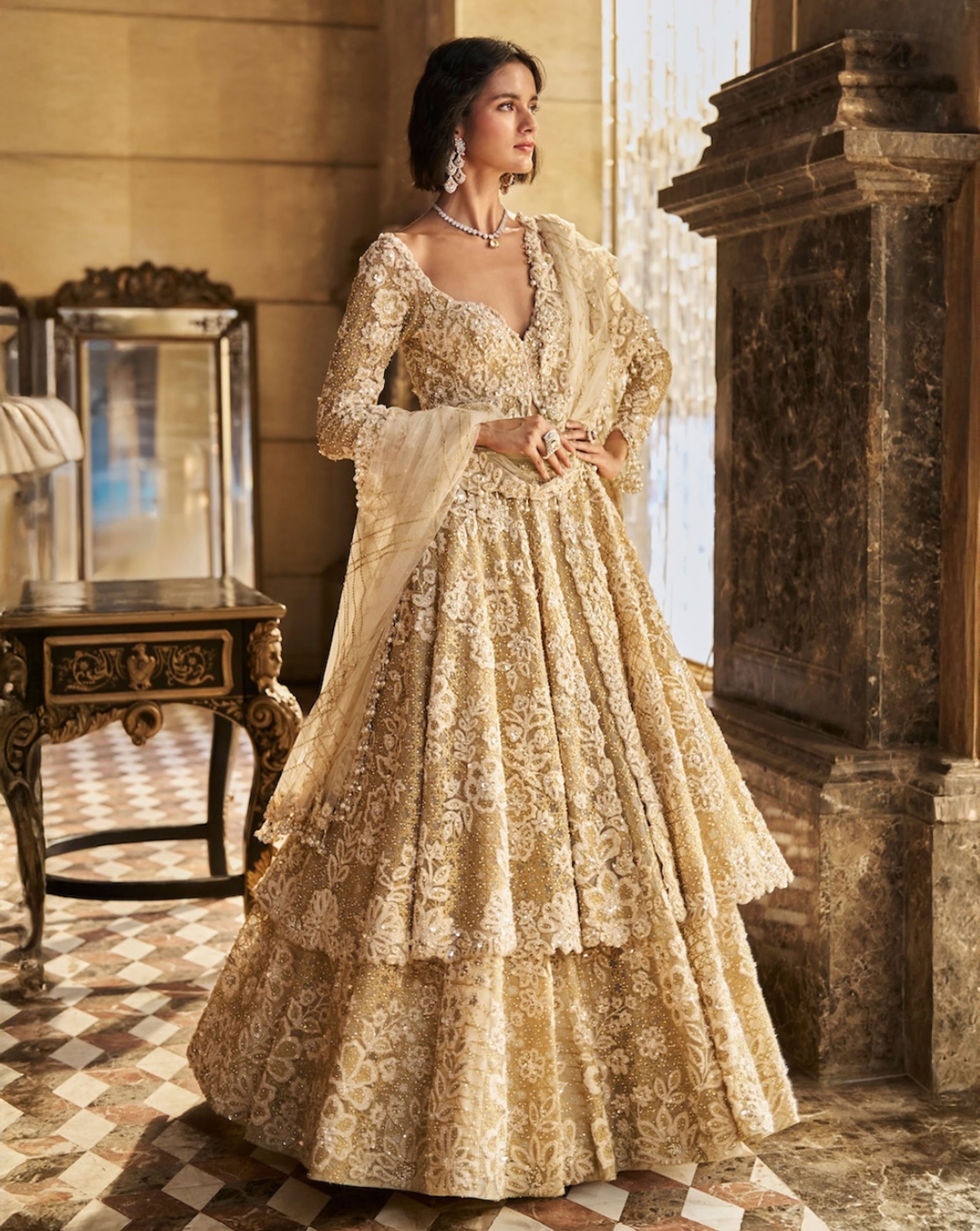 Cream Jacket Lehenga Set