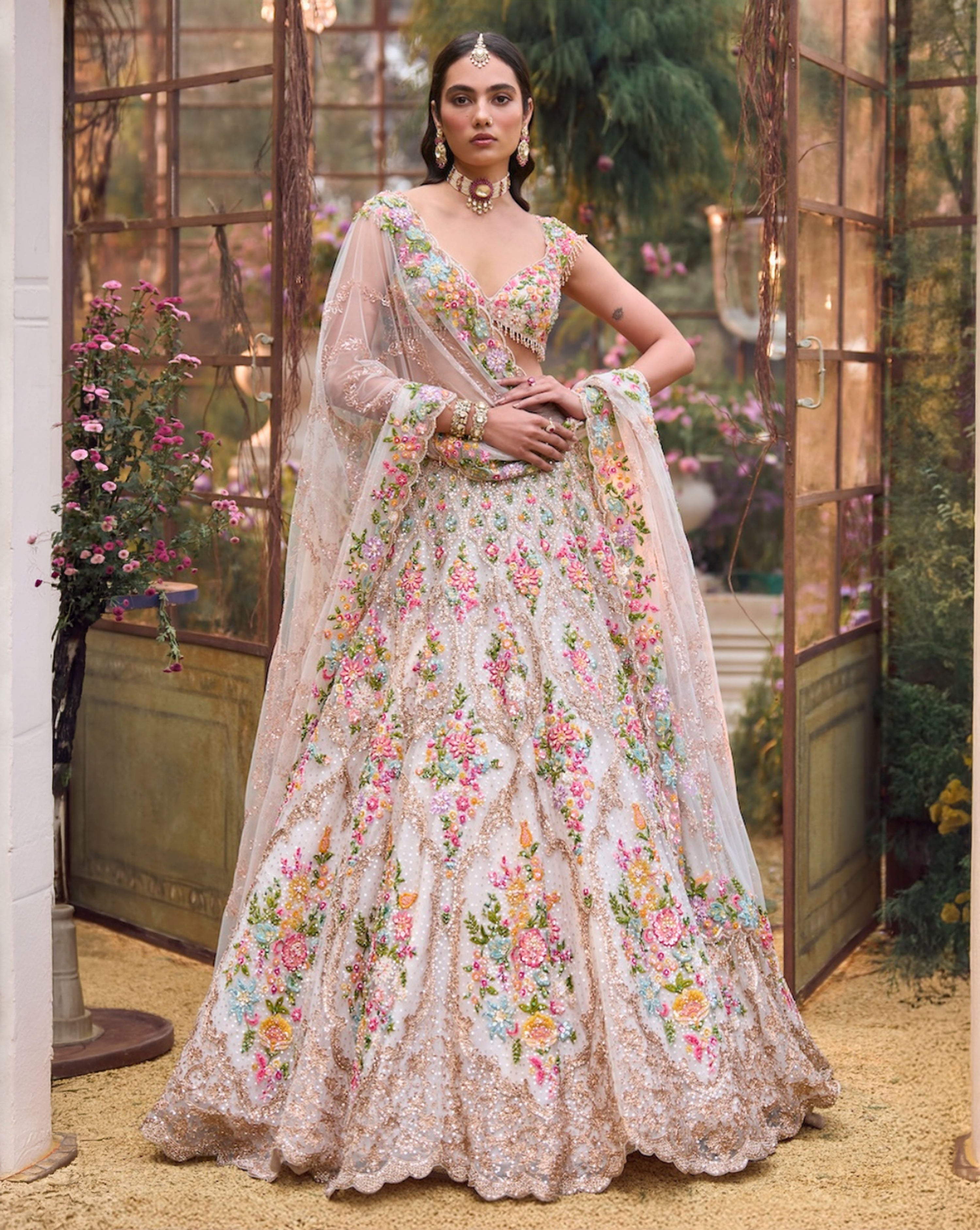 Cream Multi-Coloured Floral Lehenga Set