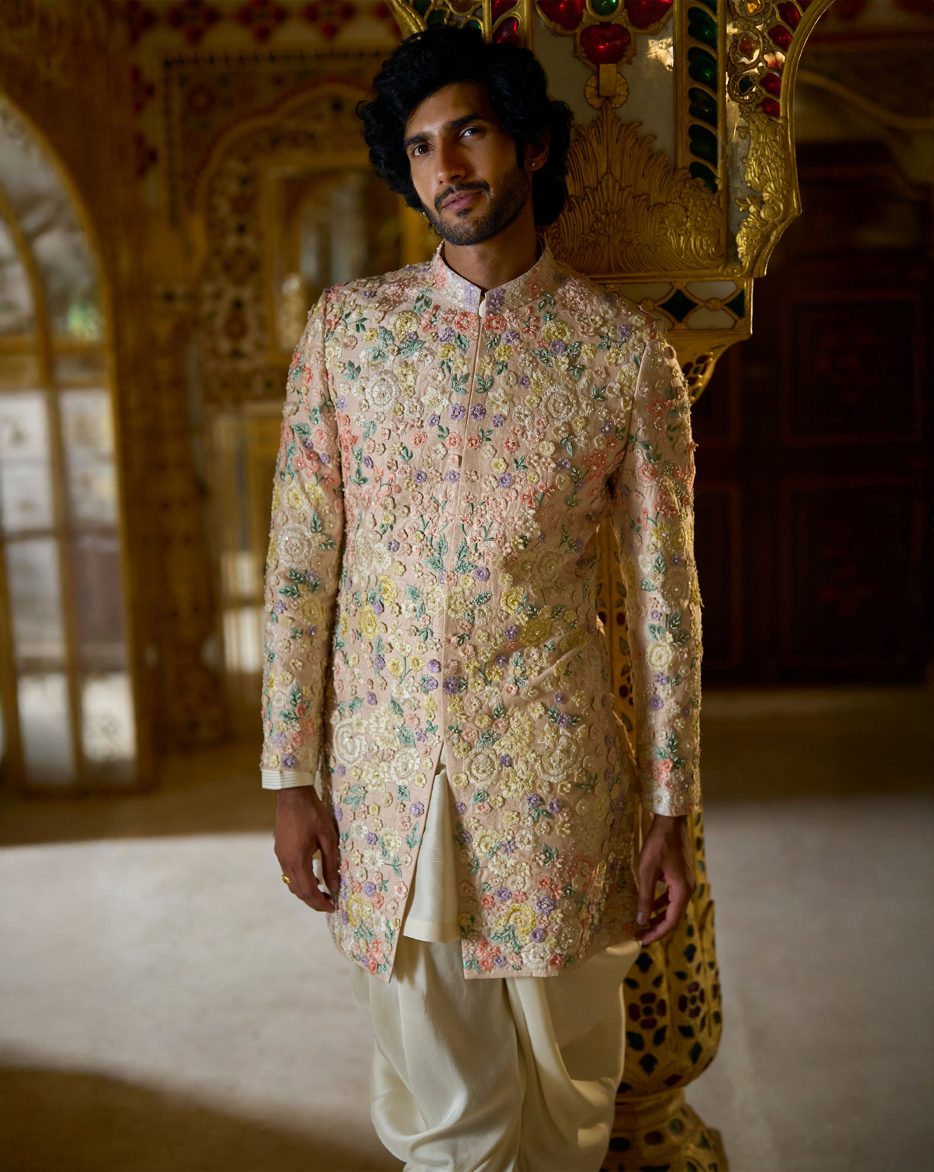 Cream Multi Coloured Three Dimensional Sherwani Set