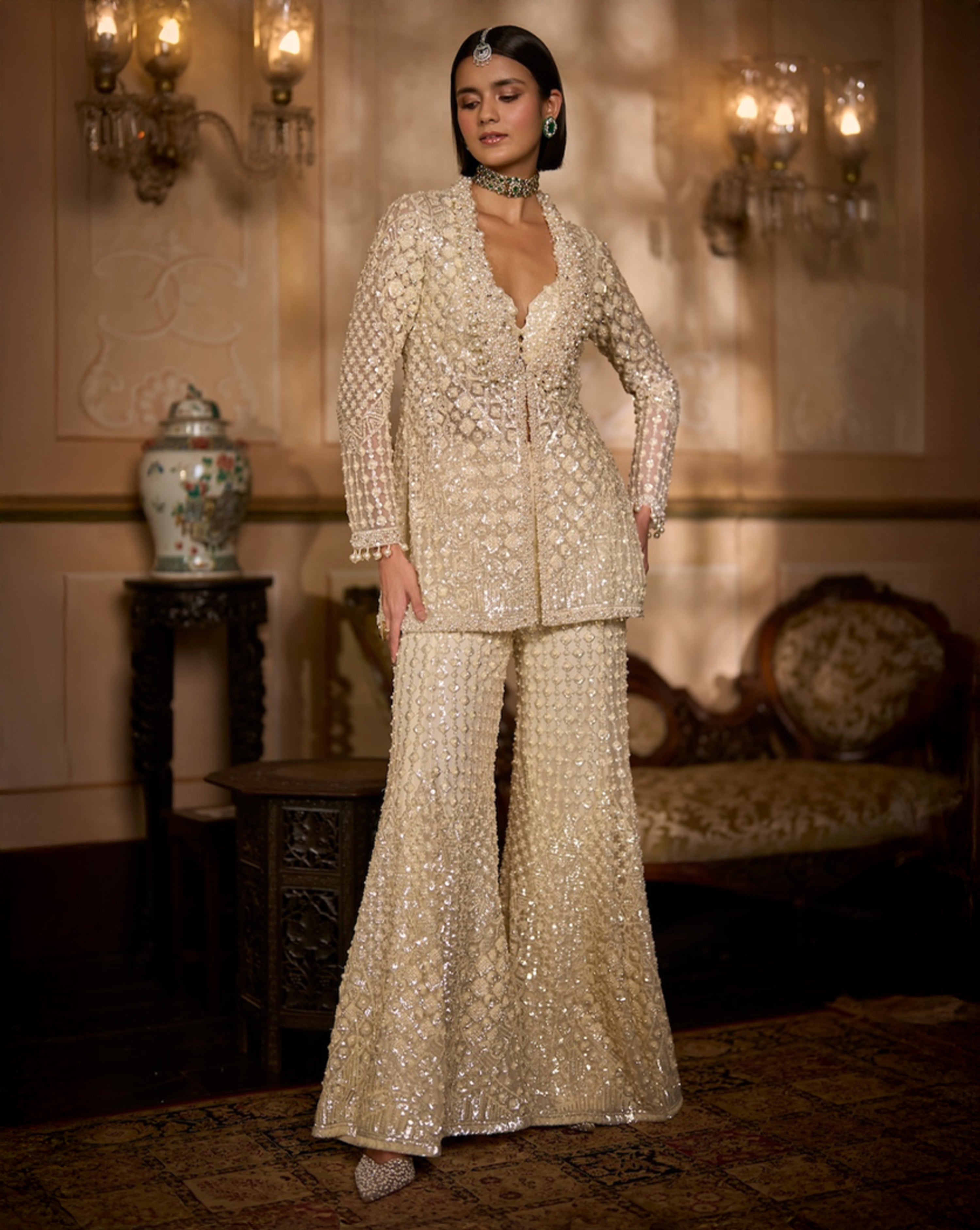 Cream Open Jacket Sharara - Pant Set