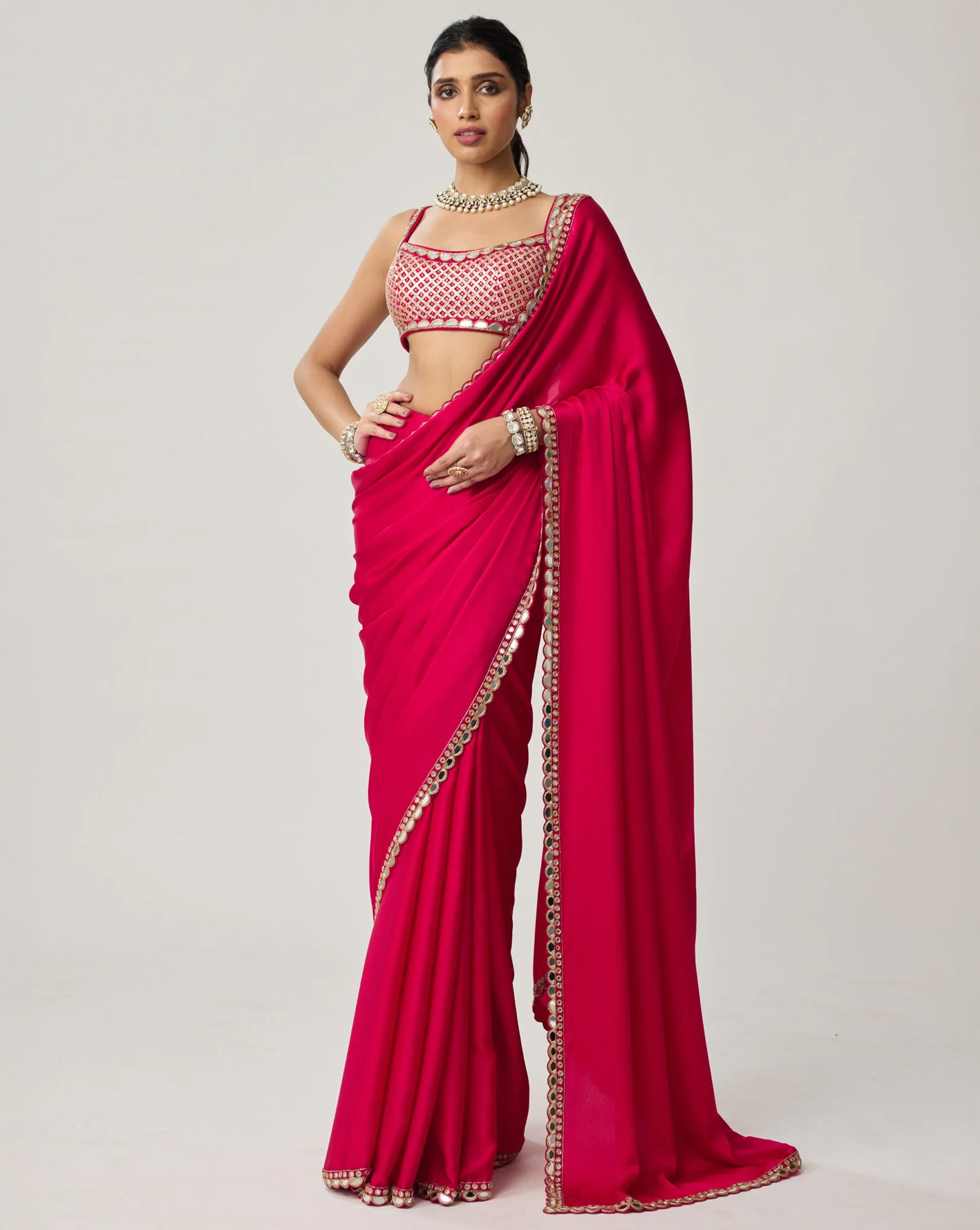 Crimson Red Gota And Mirror Embroidered Saree Set