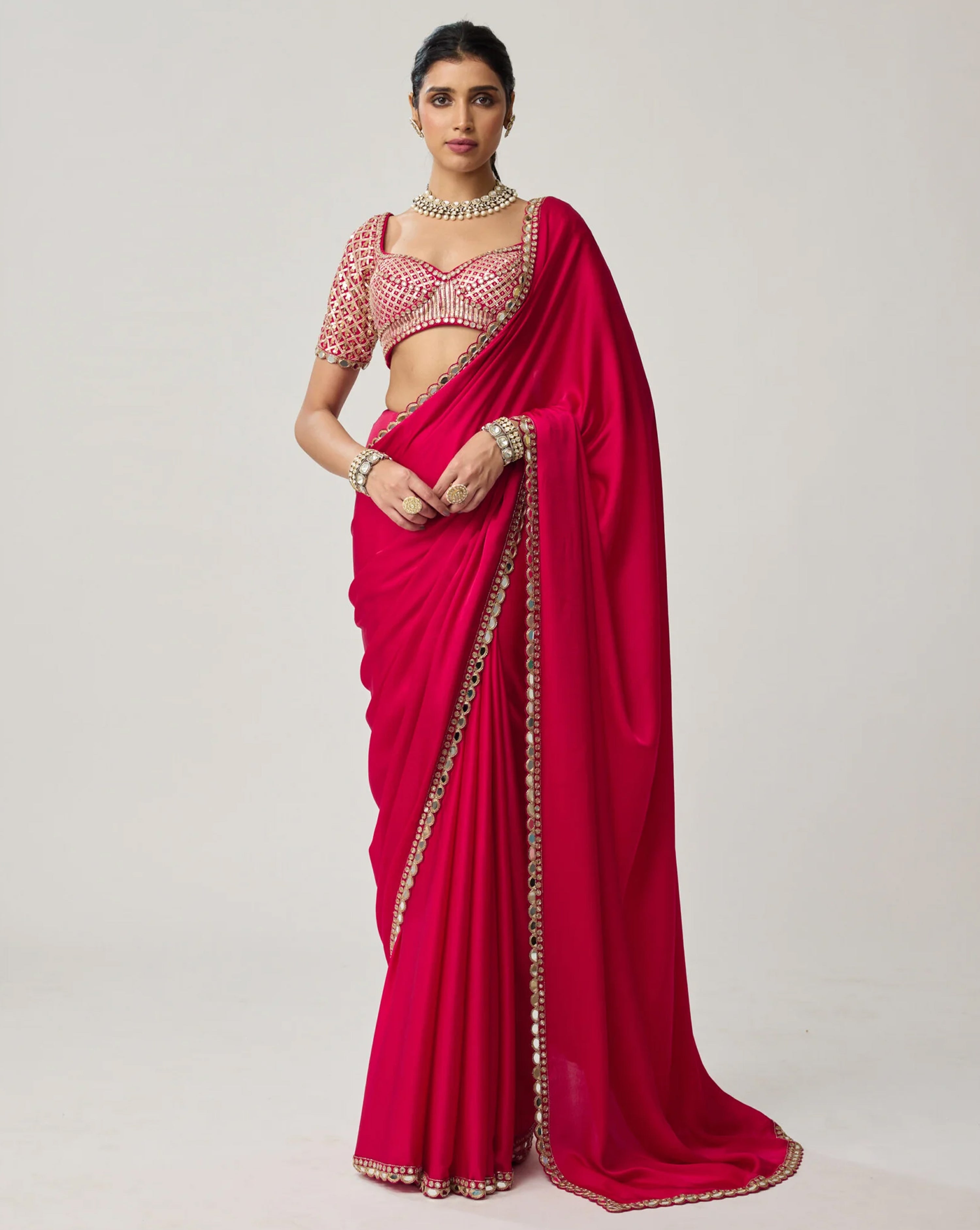 Crimson Red Gota Mirror Satin Saree Set