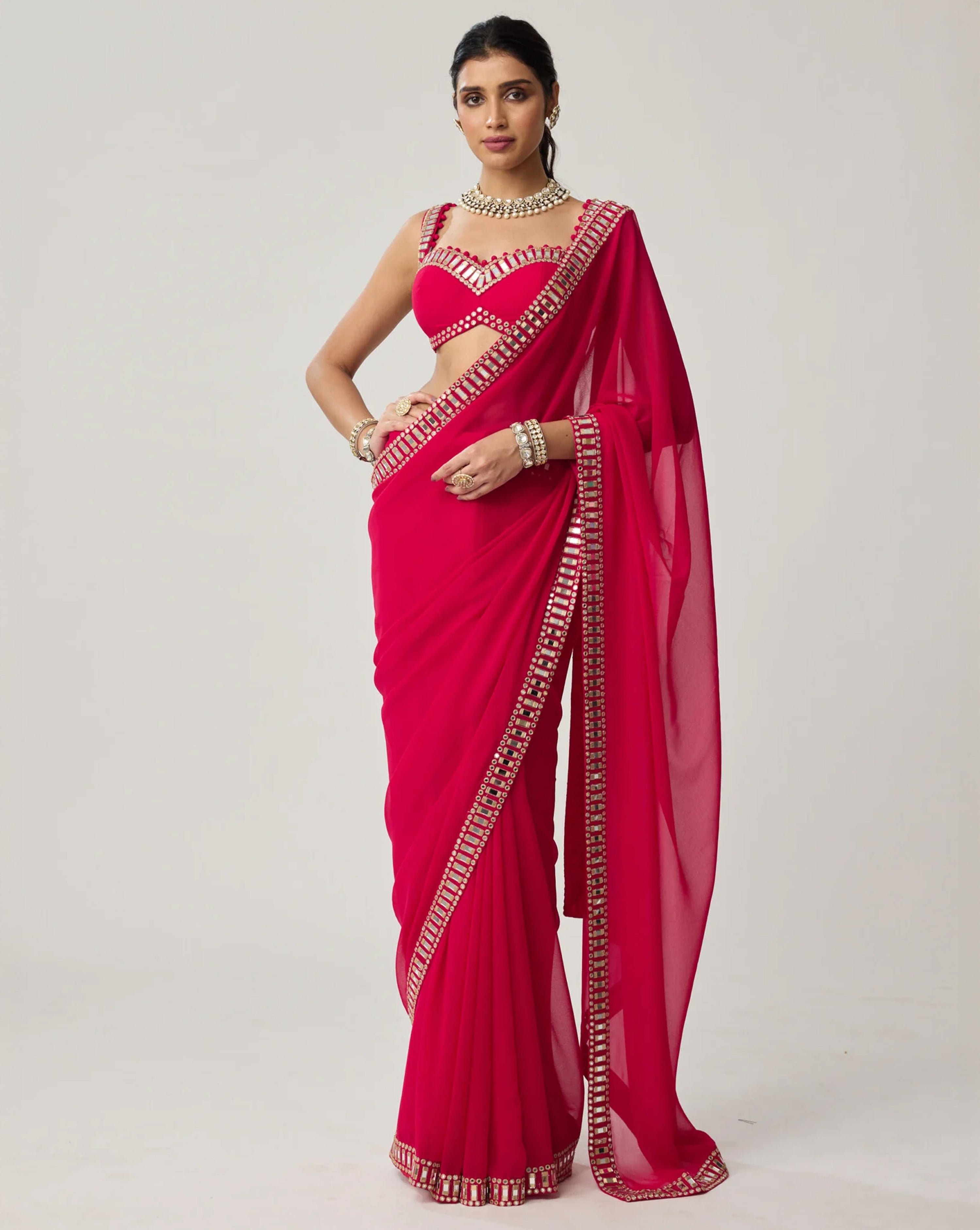 Crimson Red Mirror Embroidered Georgette Saree Set