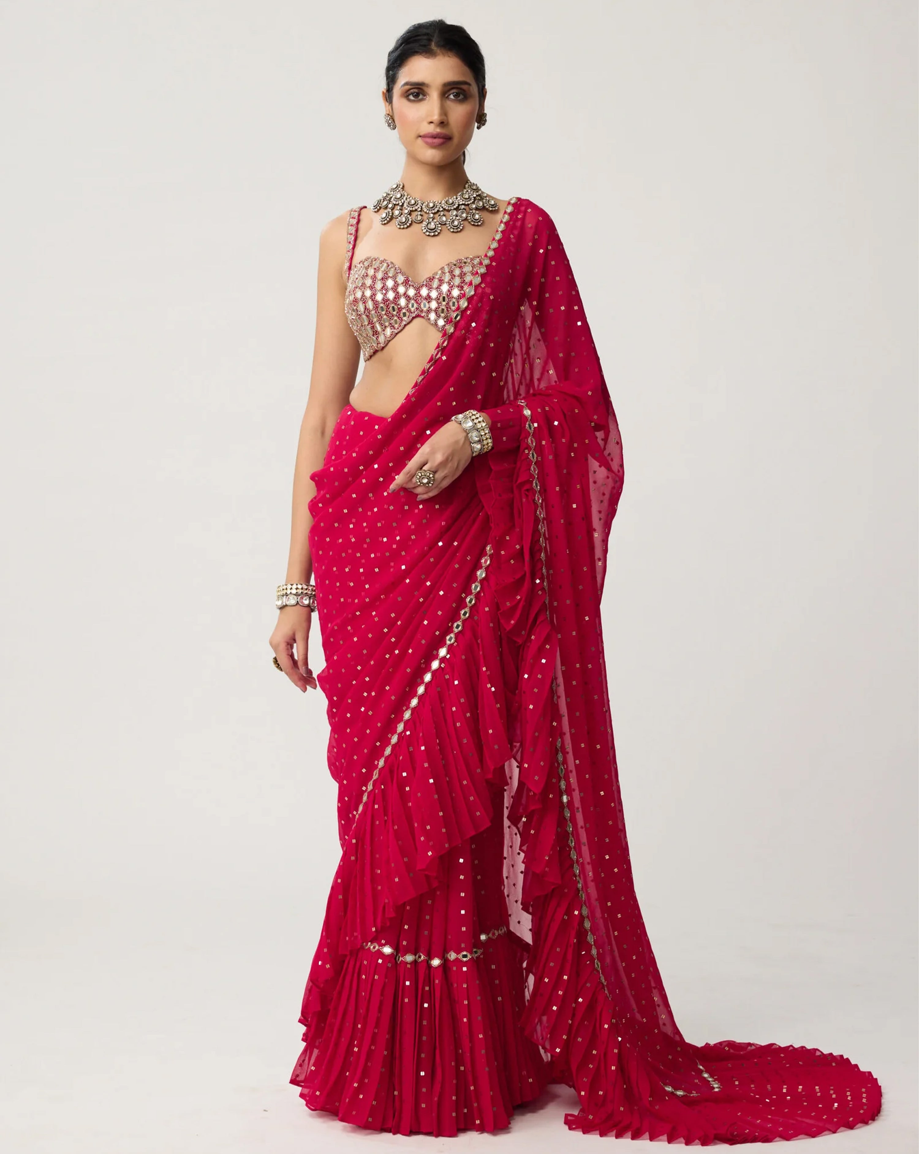 Crimson Red Ruffle Sequins Mirror Saree Set