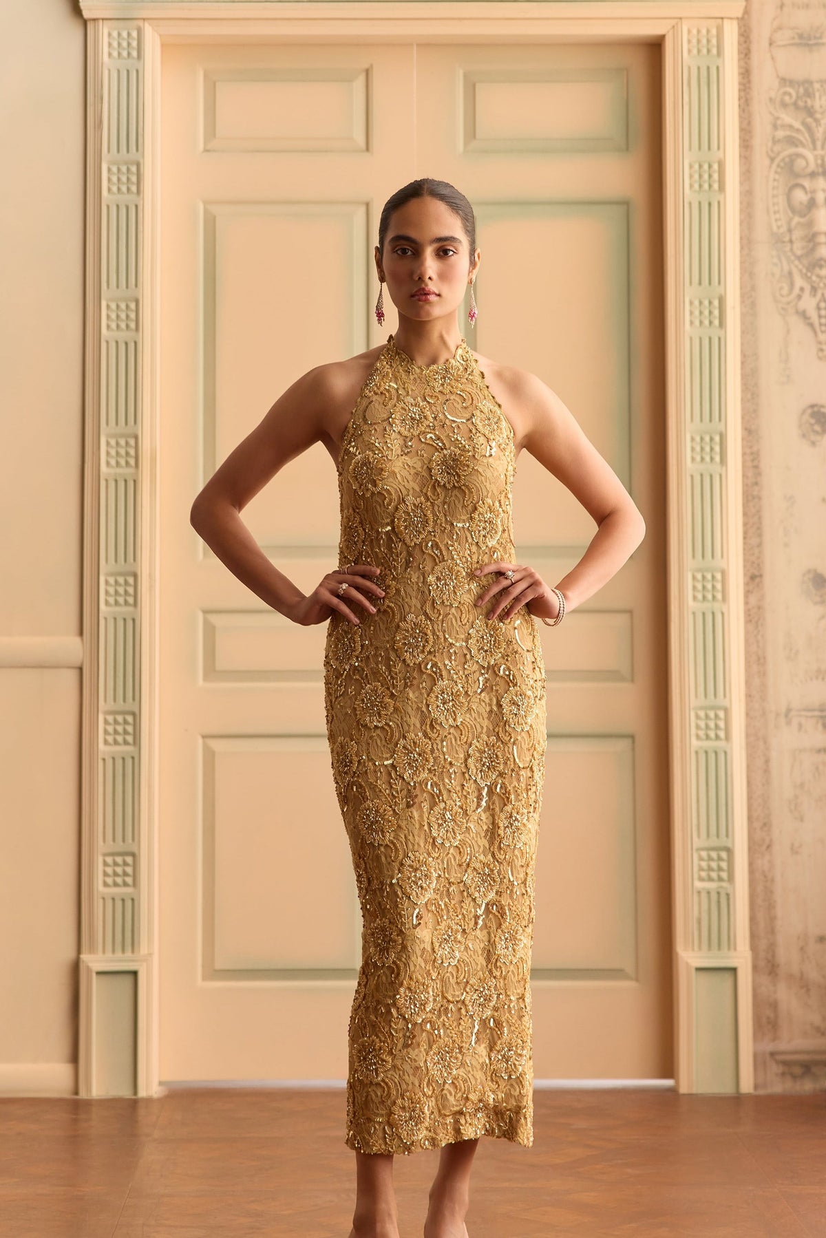 Golden Dusk- Lace Pencil Dress