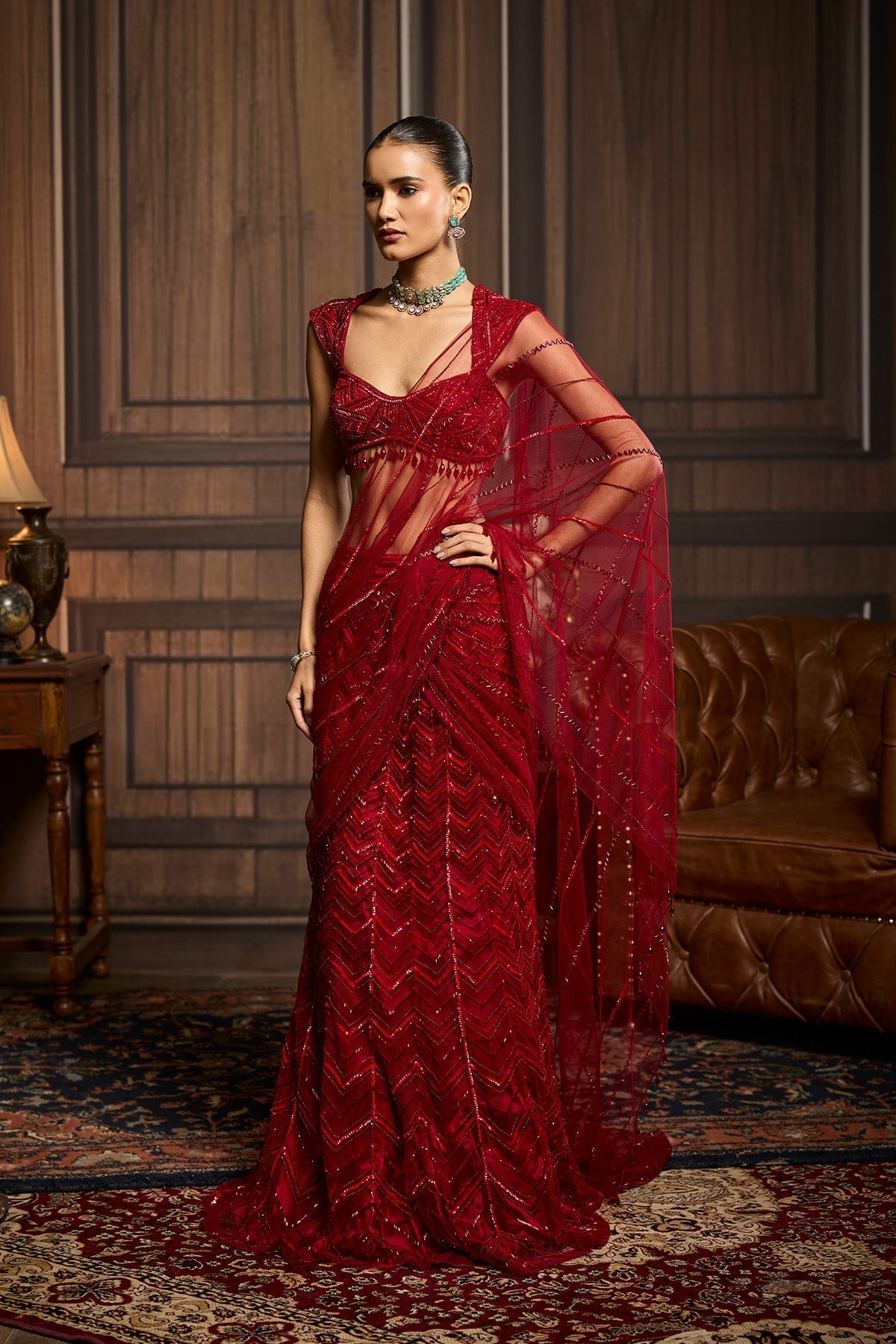Red Embellished Draped Pre-Draped Skirt Saree Set