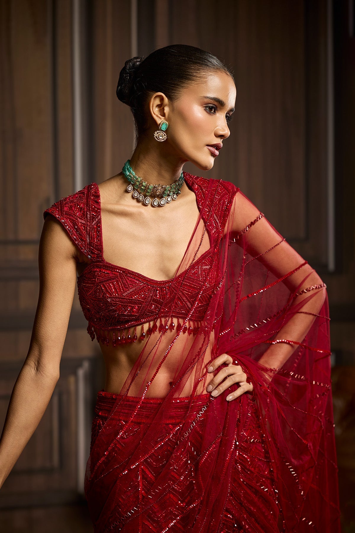 Red Embellished Draped Pre-Draped Skirt Saree Set