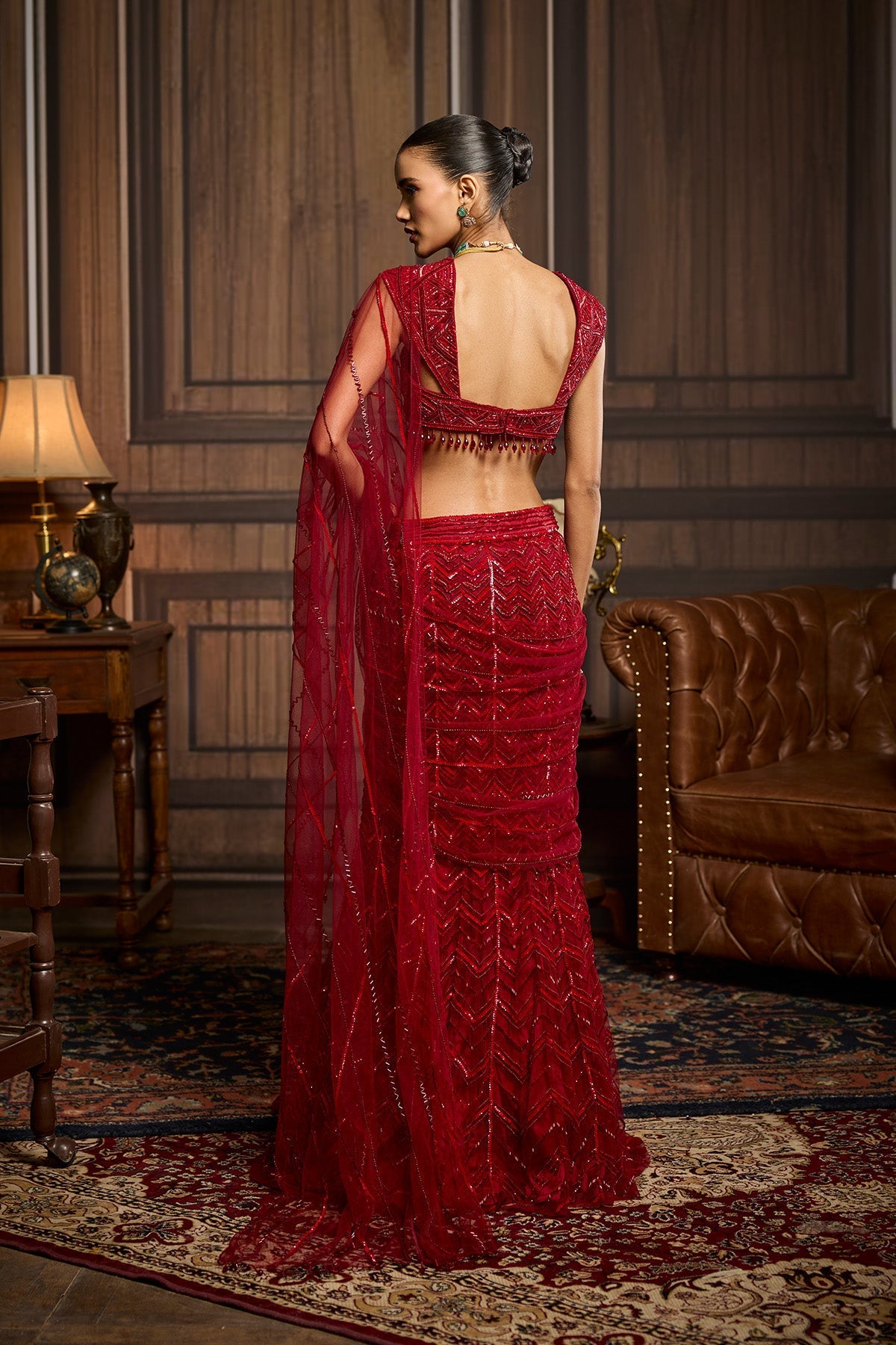 Red Embellished Draped Pre-Draped Skirt Saree Set