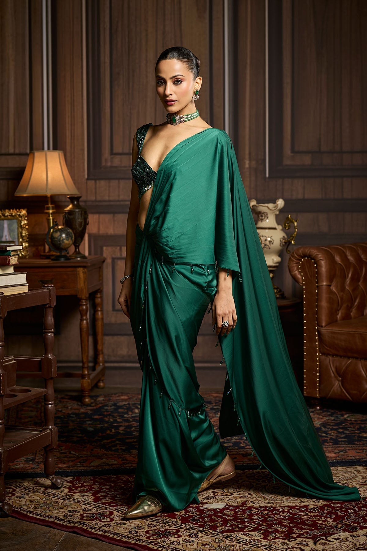 Emerald Green Embellished Blouse And Pre-Draped Dhoti Saree Set