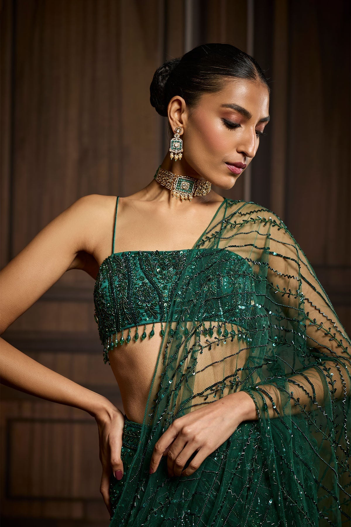 Emerald Green Embellished Blouse And Pre-Draped Saree Set