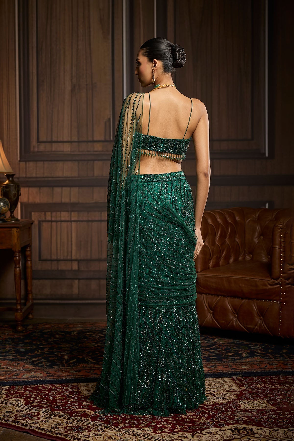Emerald Green Embellished Blouse And Pre-Draped Saree Set