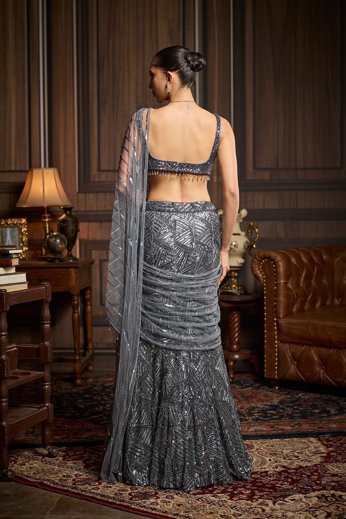Gunmetal Embellished Pre-Draped Skirt Saree Set
