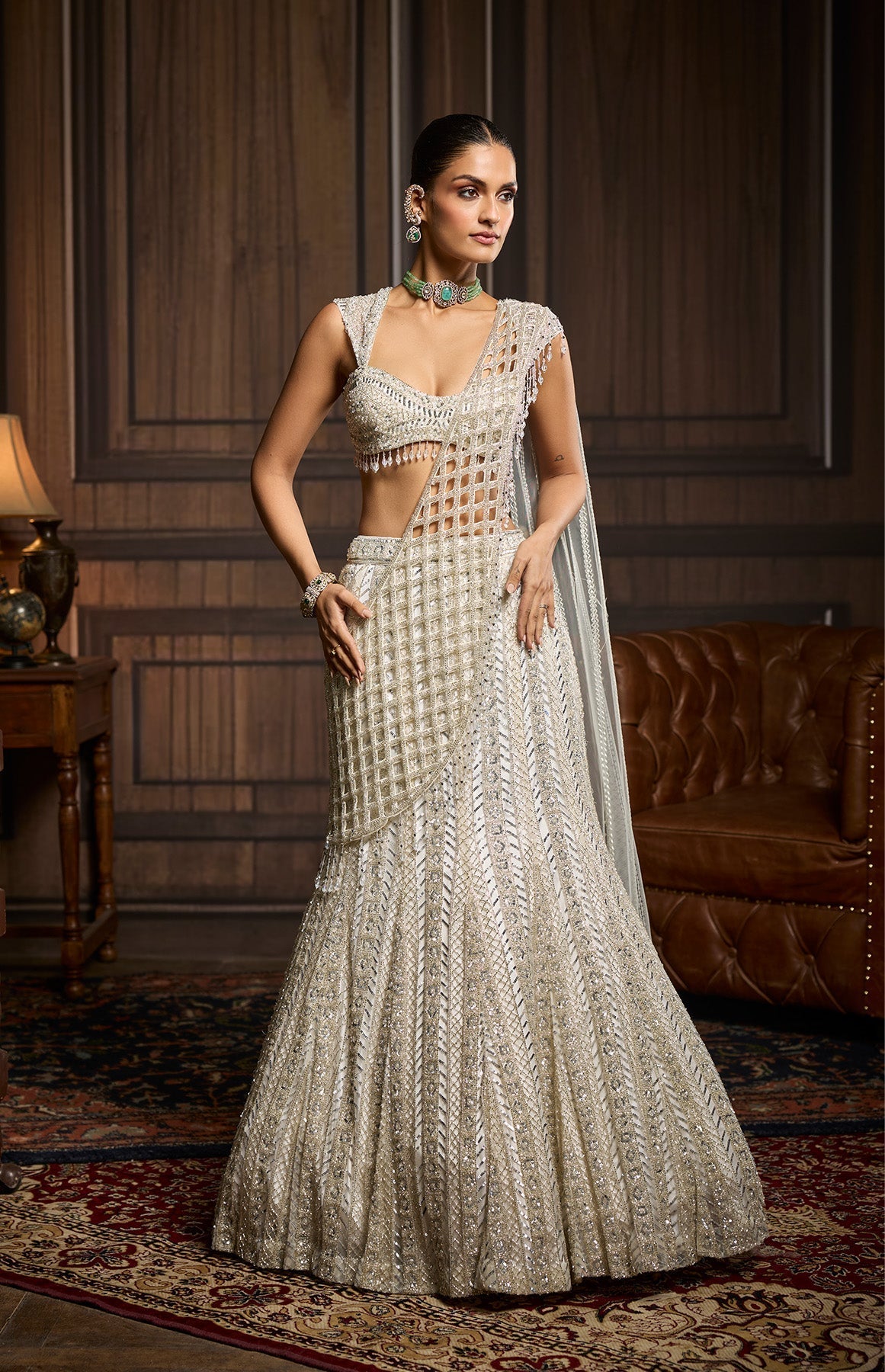 Silver Embellished Mermaid Skirt Saree Set