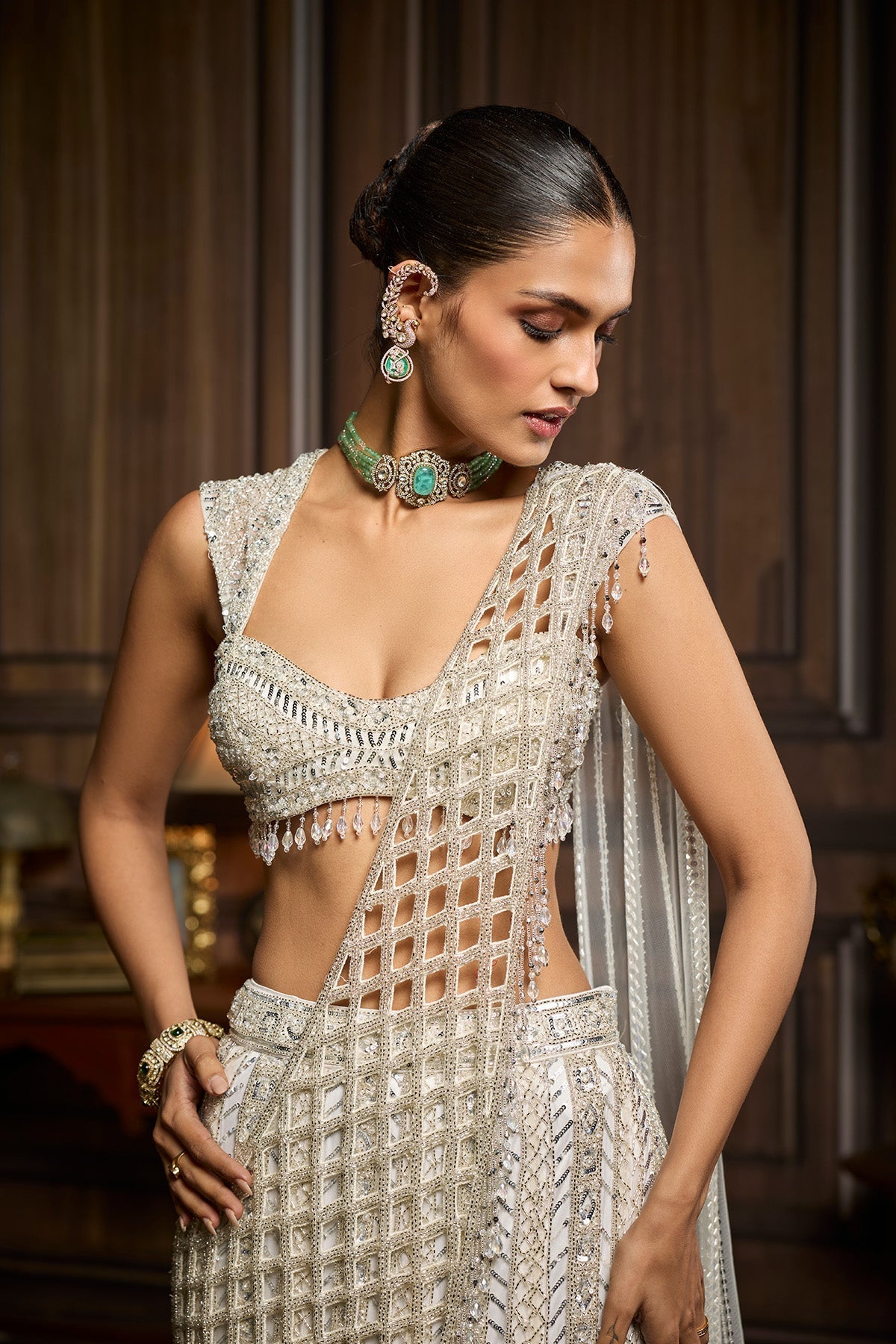 Silver Embellished Mermaid Skirt Saree Set