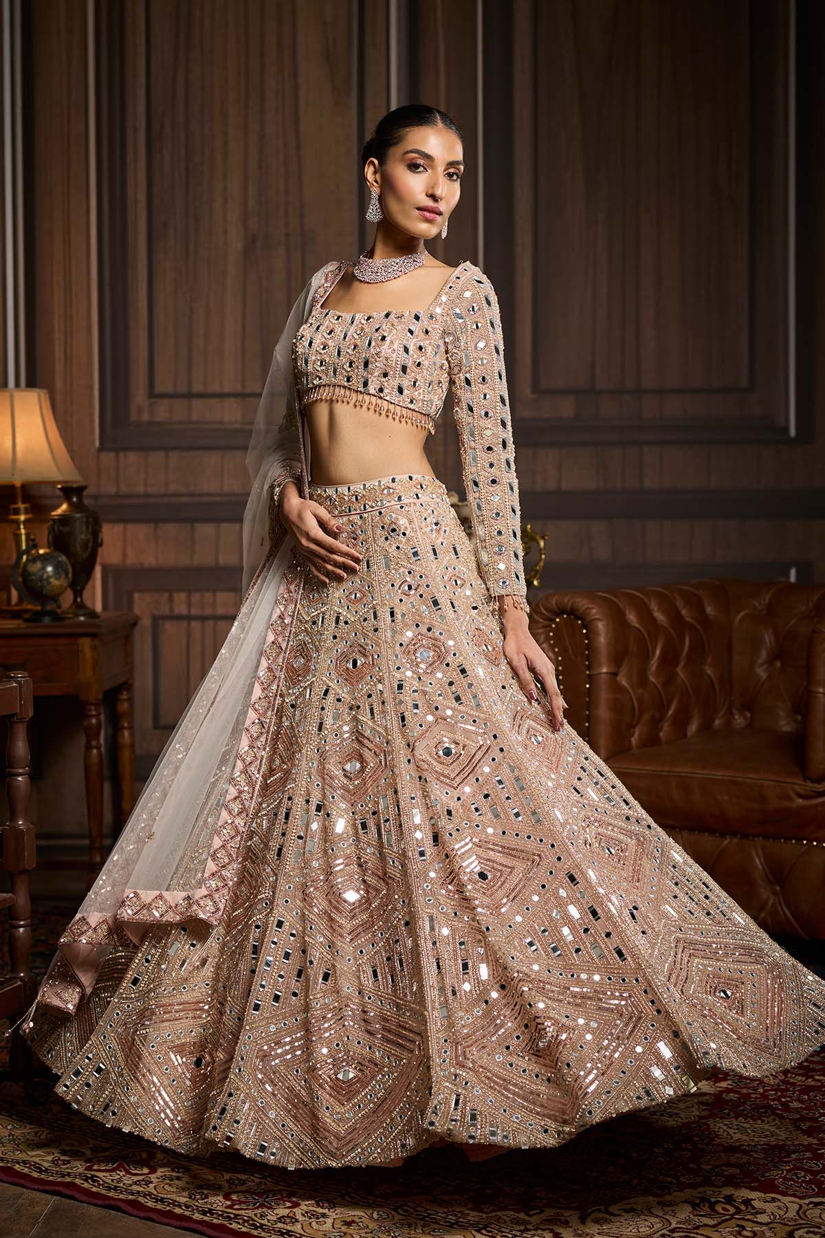 Blush Pink Embellished Mirrorwork  Lehenga Set