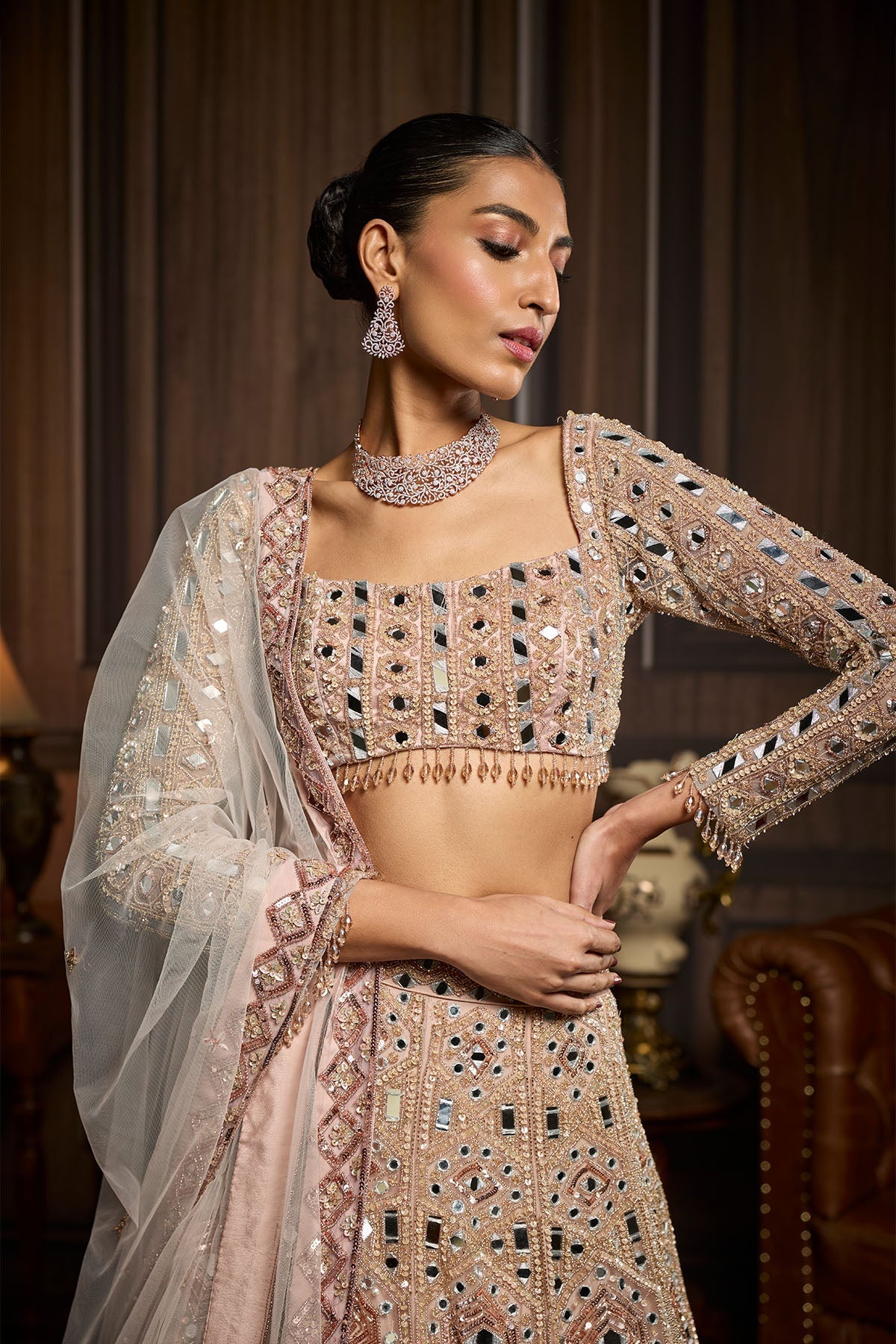Blush Pink Embellished Mirrorwork  Lehenga Set