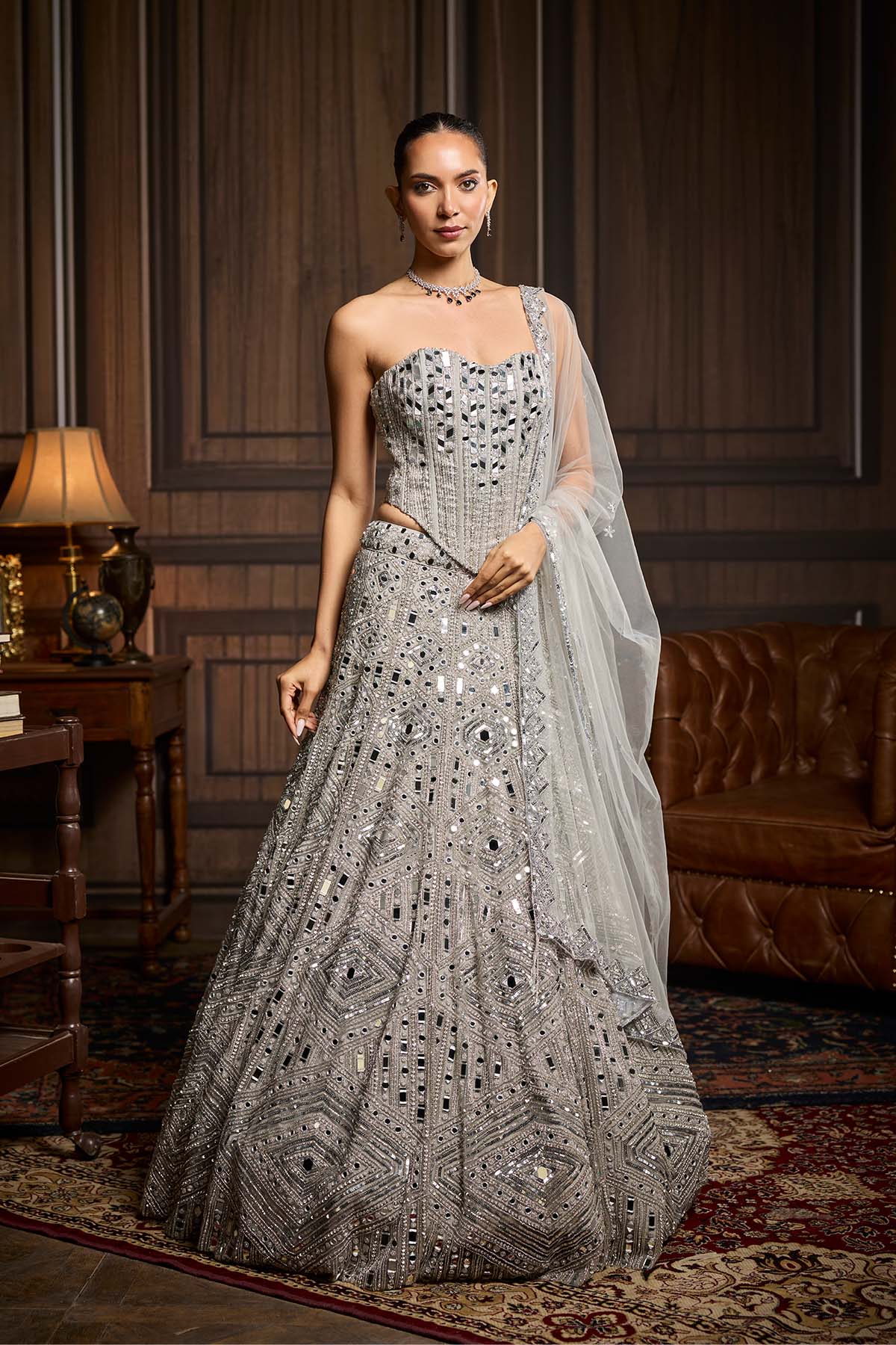 Payal Shah In Silver Embellished Mirrorwork Lehenga Set