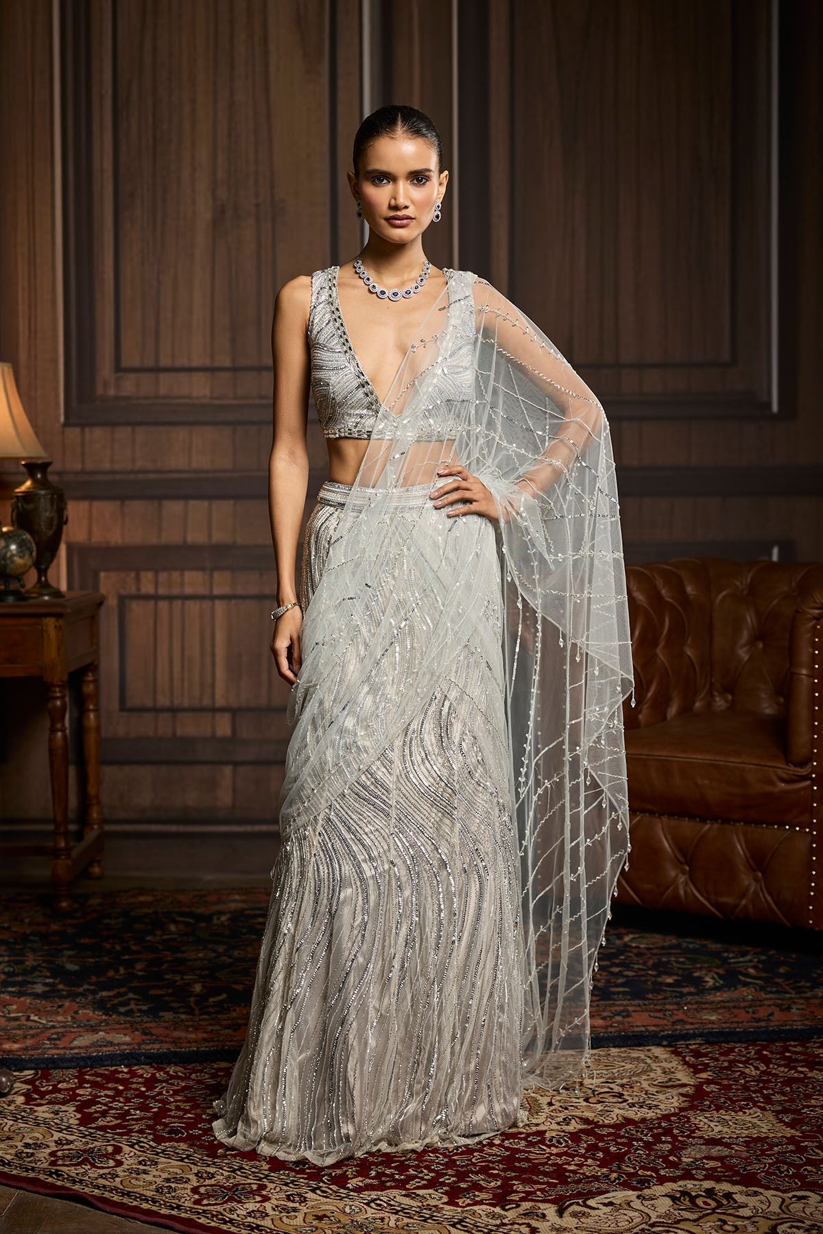 Silver Embellished Pre-Draped Skirt Saree Set