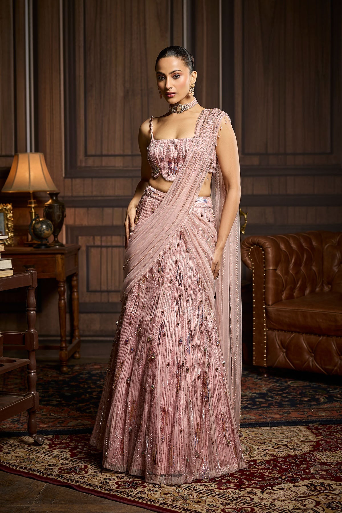 Blush Pink Embellished Pre-Draped Skirt Saree Set