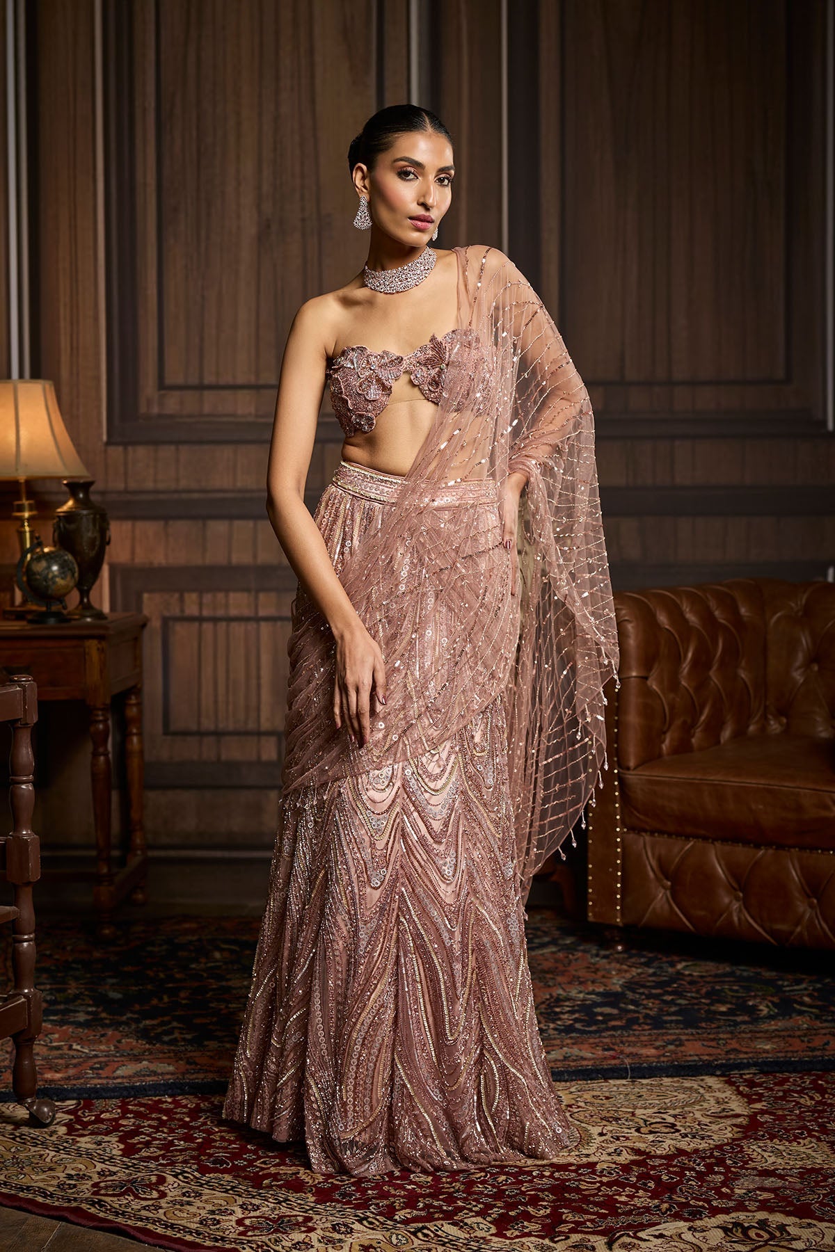 Blush Pink Embellished Pre-Draped Skirt Saree Set