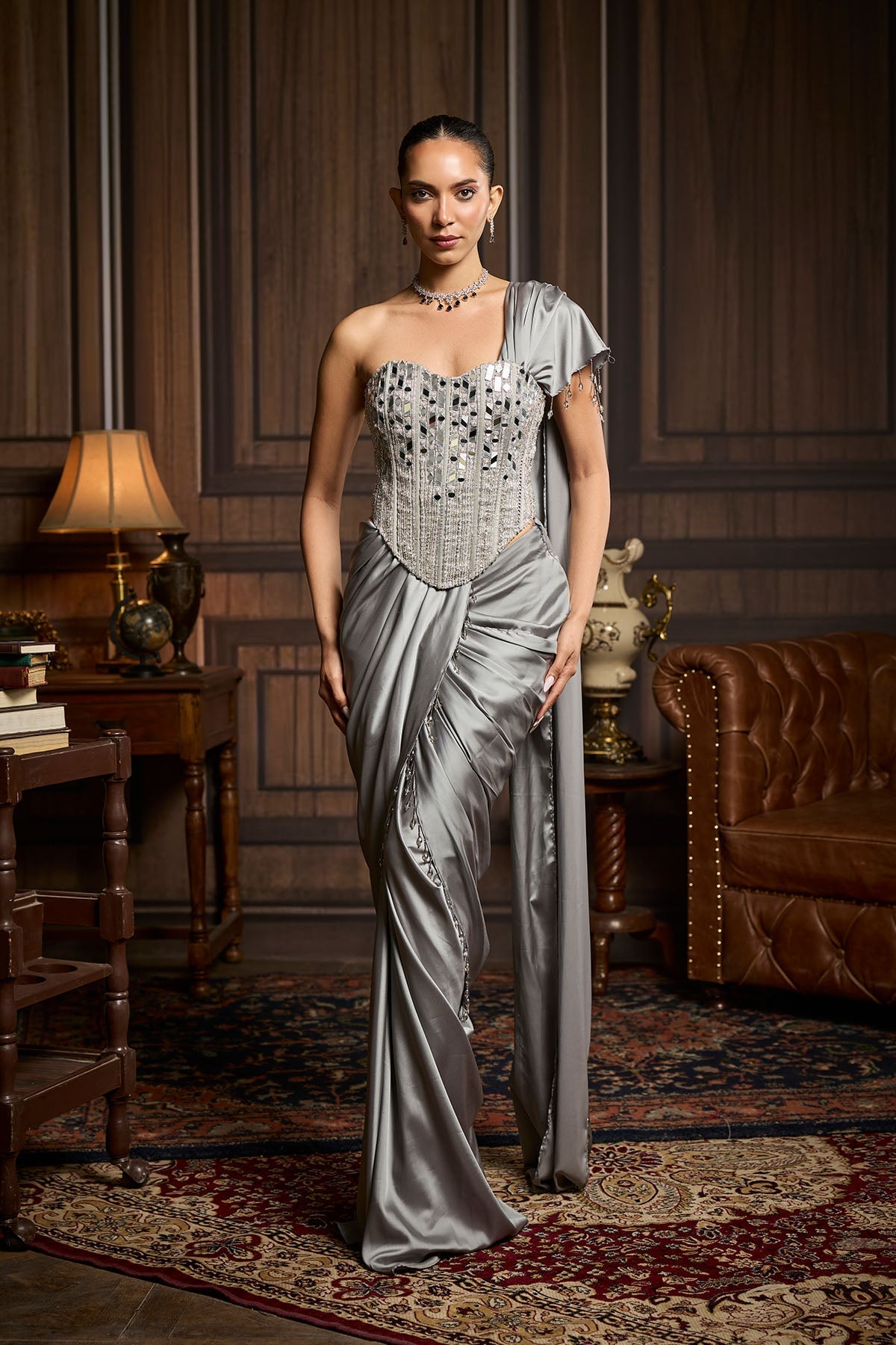 Sonam Bajwa in Silver Embellished Blouse And Pre Draped Saree Set