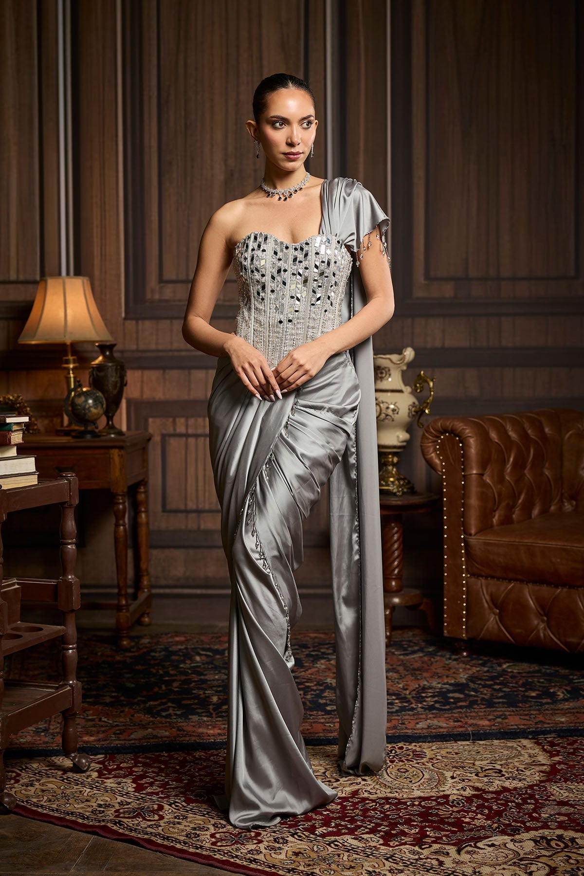 Sonam Bajwa in Silver Embellished Blouse And Pre Draped Saree Set