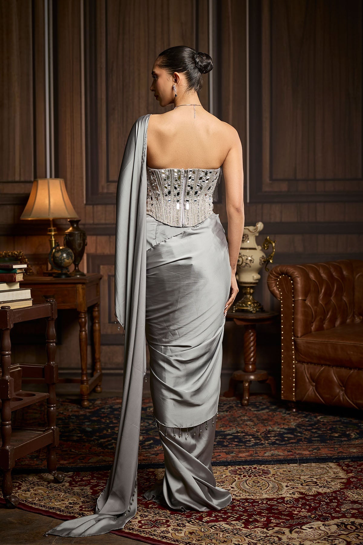 Sonam Bajwa in Silver Embellished Blouse And Pre Draped Saree Set